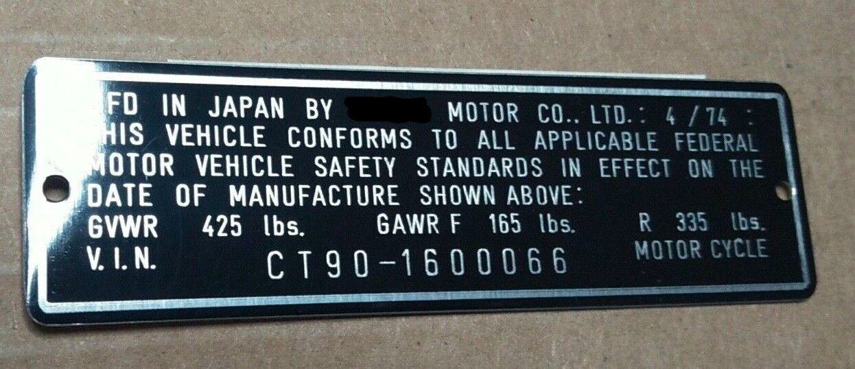 Motorcycle ID Plate Version 2 Emblem TAG Custom Engraved GVRW