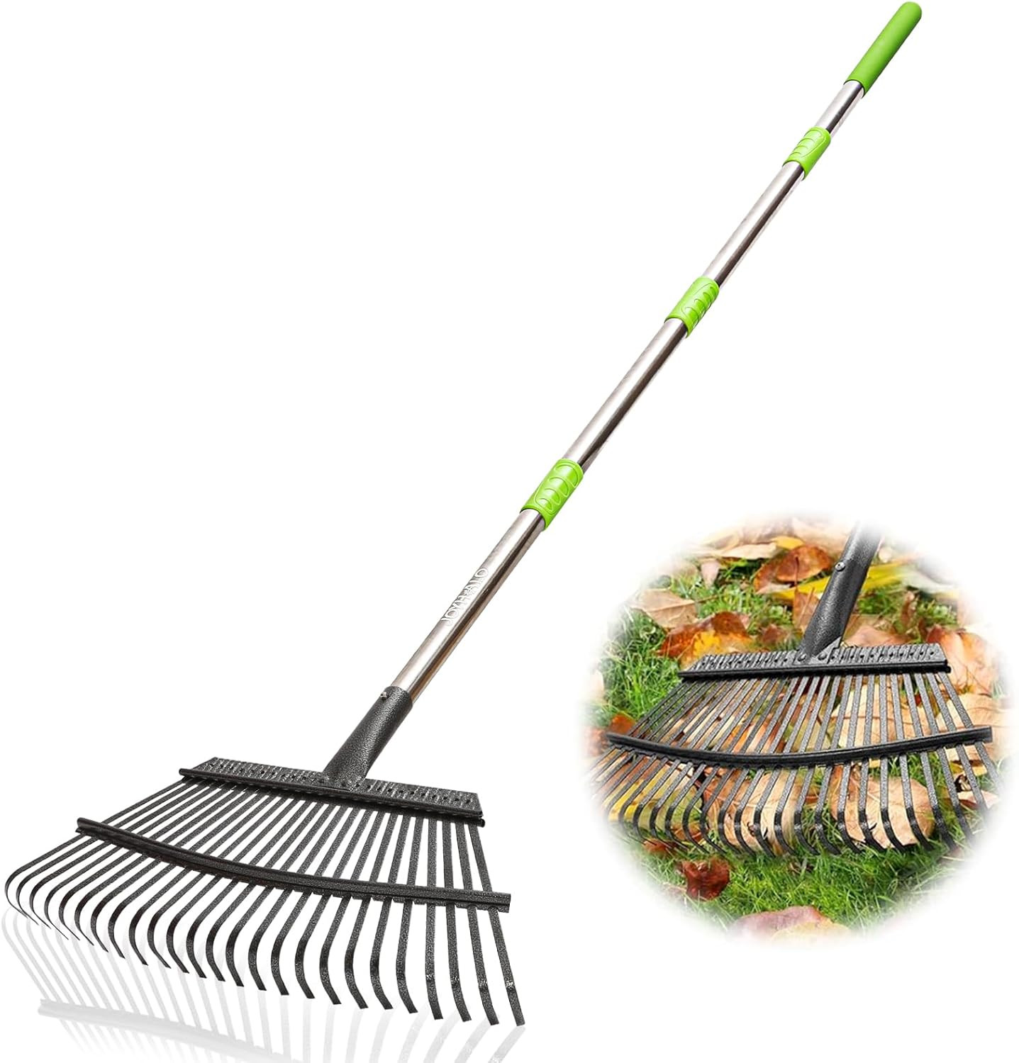 Rake for Leaves Adjustable 65 Inch Long, 18 Inch Wide Garden Rake with 25 Tines,