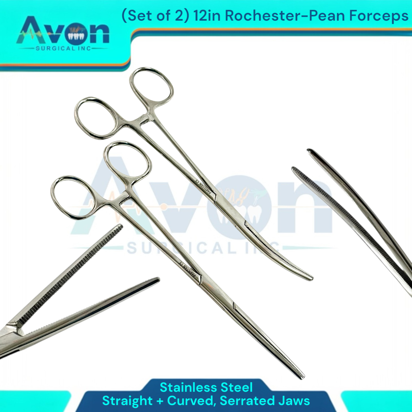 Set of 2 Rochester-Pean Forceps Hemostats with Serrated Jaws, Str+Cur - 12inch