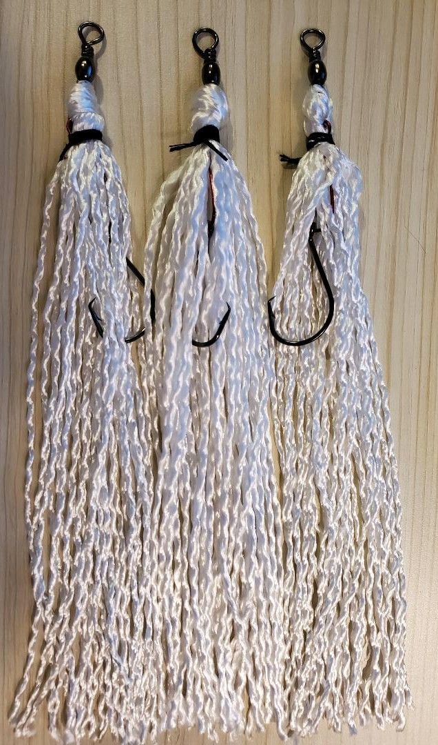 3 New 9" 5/0 Bait Hook White Garulator Gar Fishing Rope Lures Eagle Claw Swivel