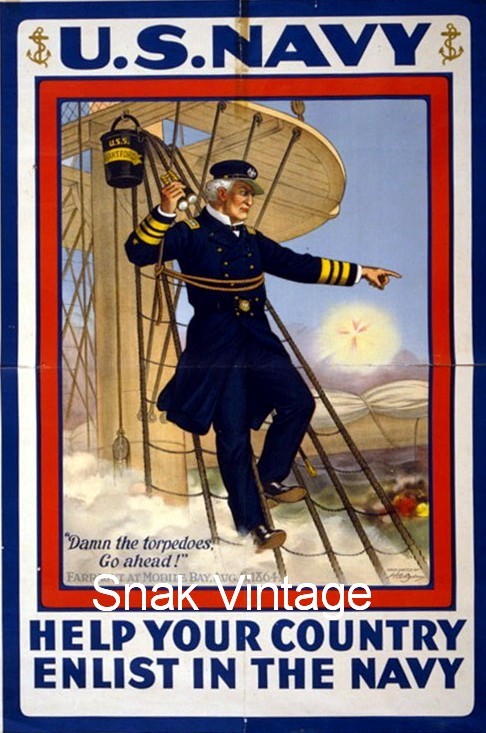 United States Navy Vintage Recruiting poster  Damn The Torpedos 13"x19"