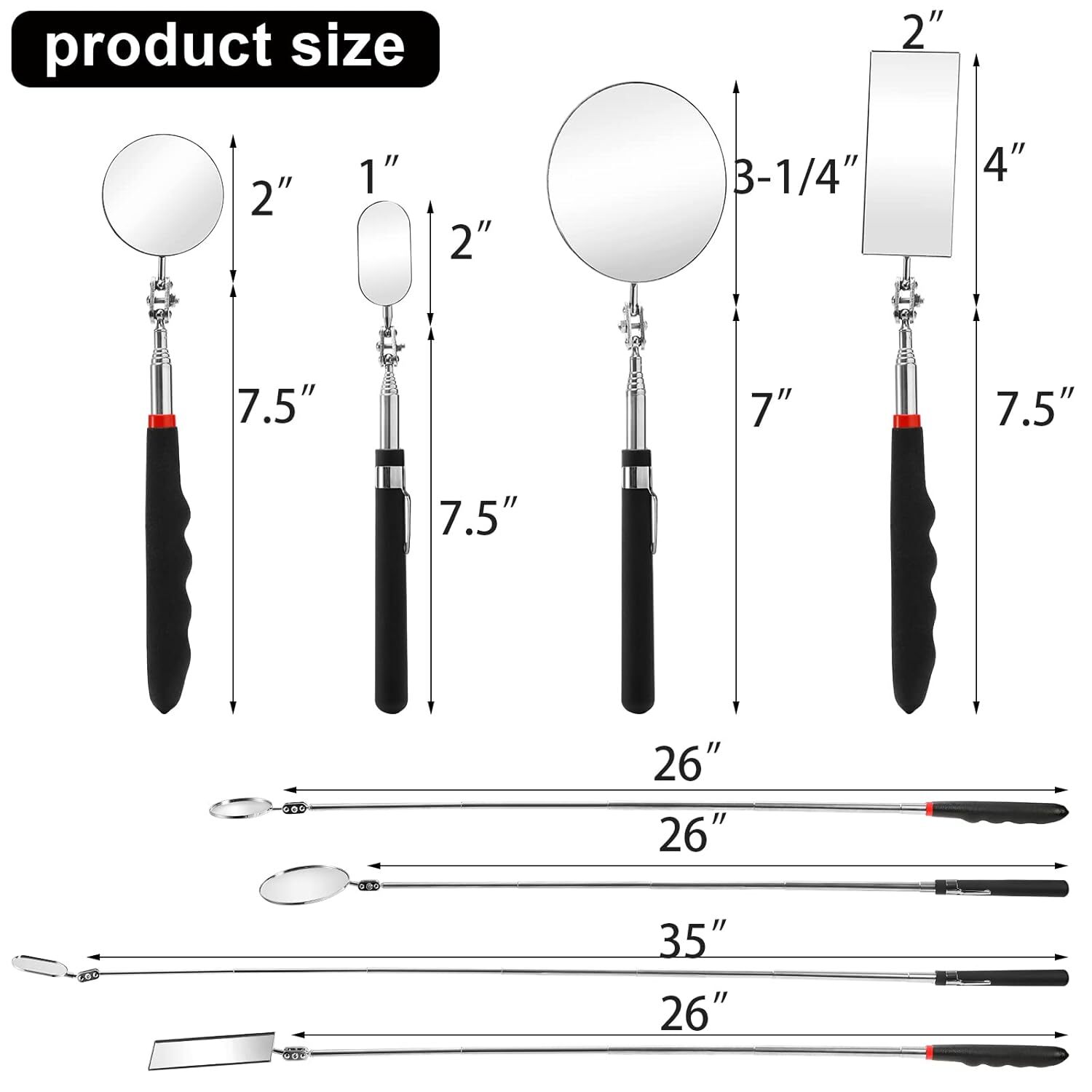 4 Pack Telescoping Inspection Mirrors Flexible Adjustable