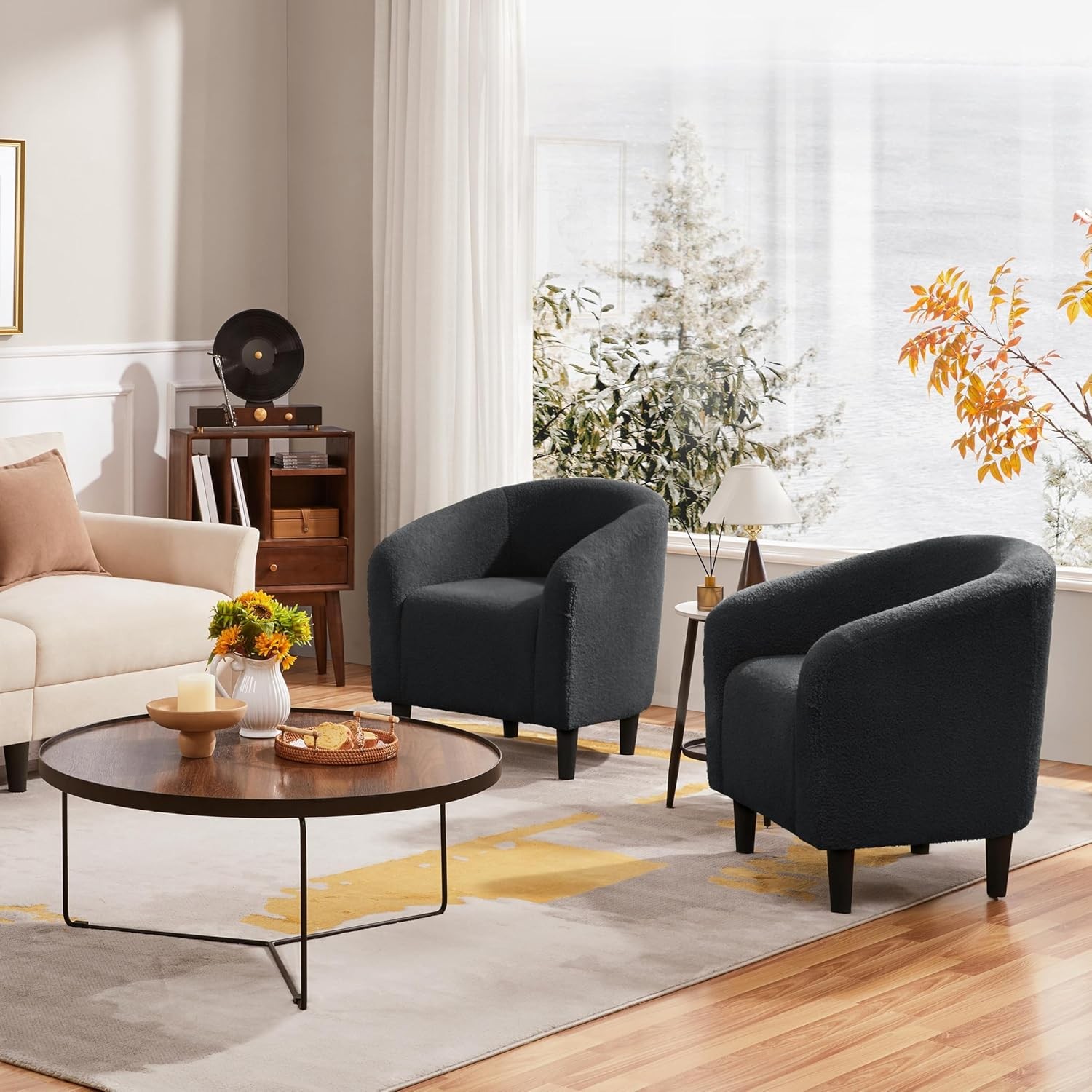 Accent Barrel Chair Boucle Fabric Club Chair Furry Sherpa Elegant Armchair W/