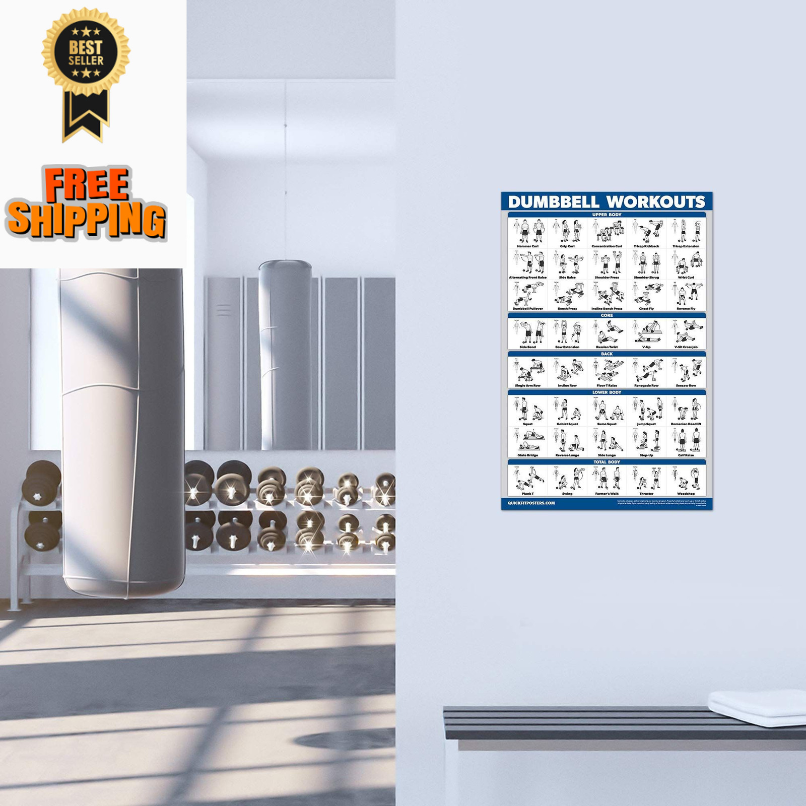 QuickFit 2 Pack Dumbbell Workout Exercise Poster - 18" x 24", LAMINATED