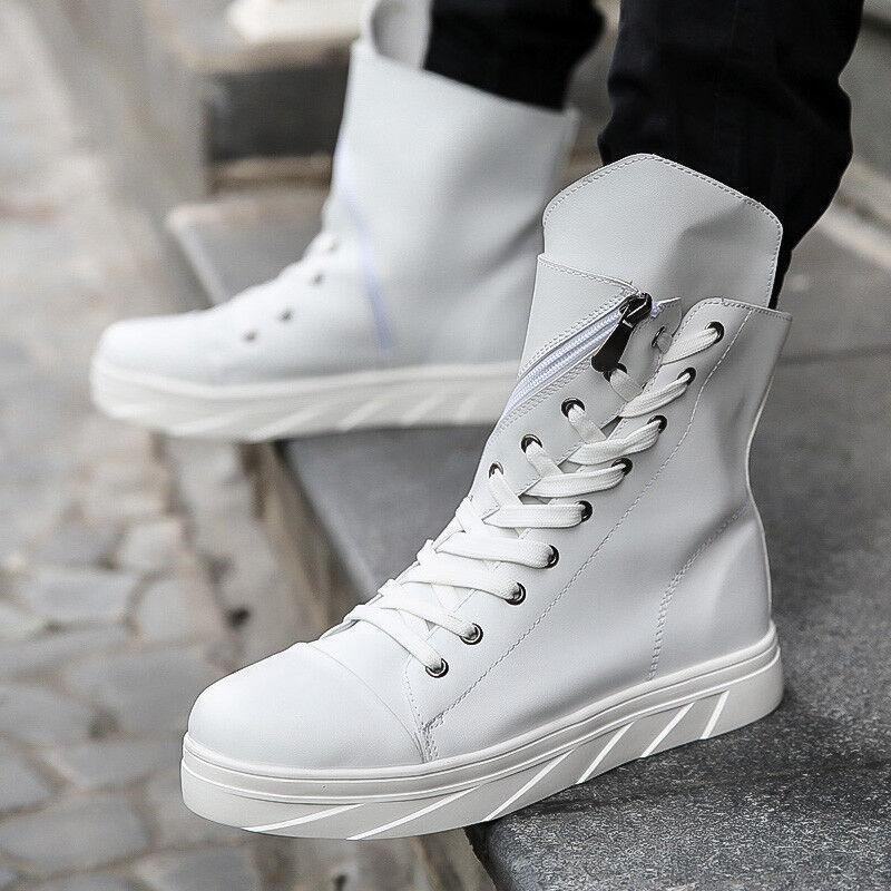 Casual Faux Leather Ankle Boots Men Lace Up Board Shoes Punk Round Toe Shoes
