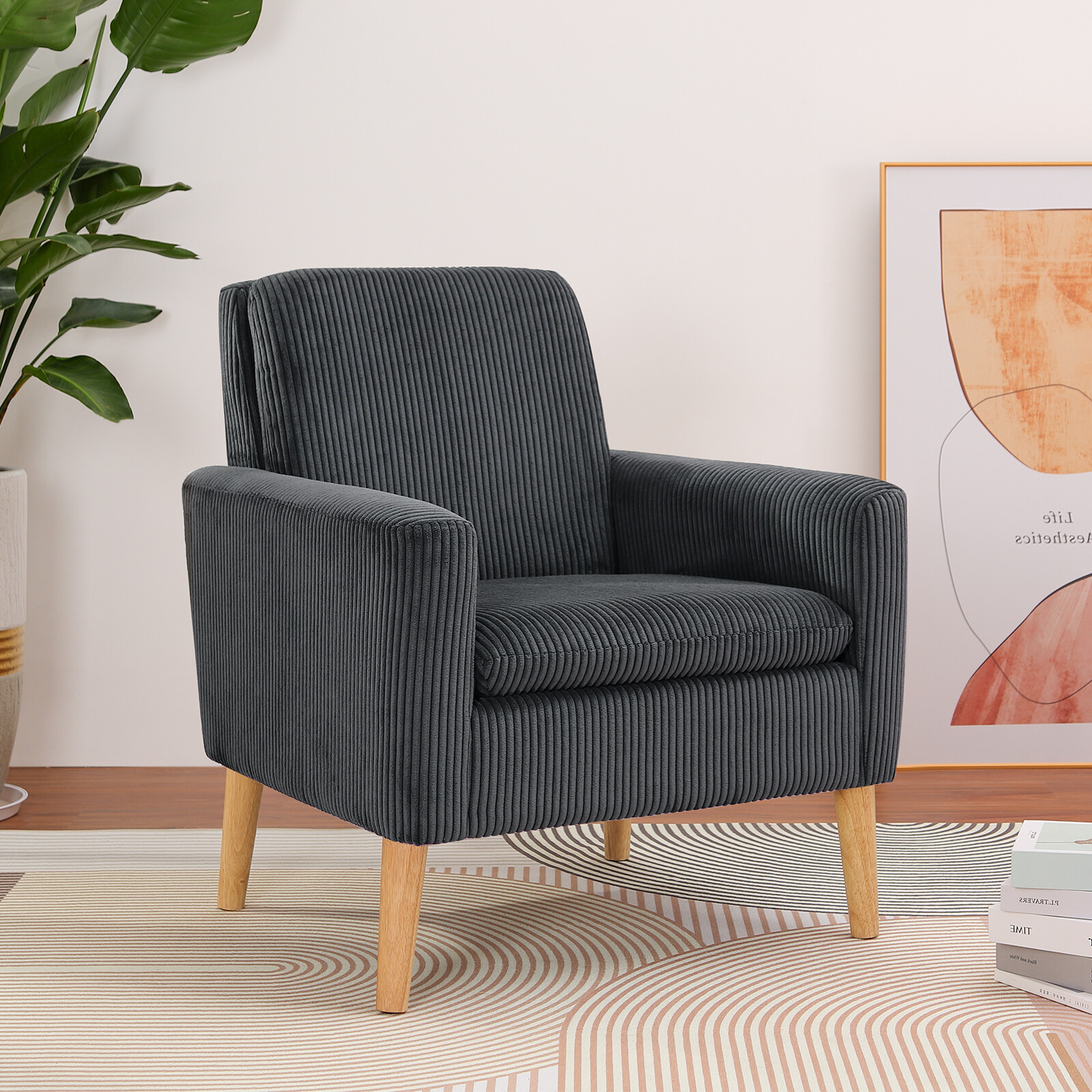 Corduroy Fabric Accent Chair Upholstered Comfy Single Sofa Wood Legs Black US