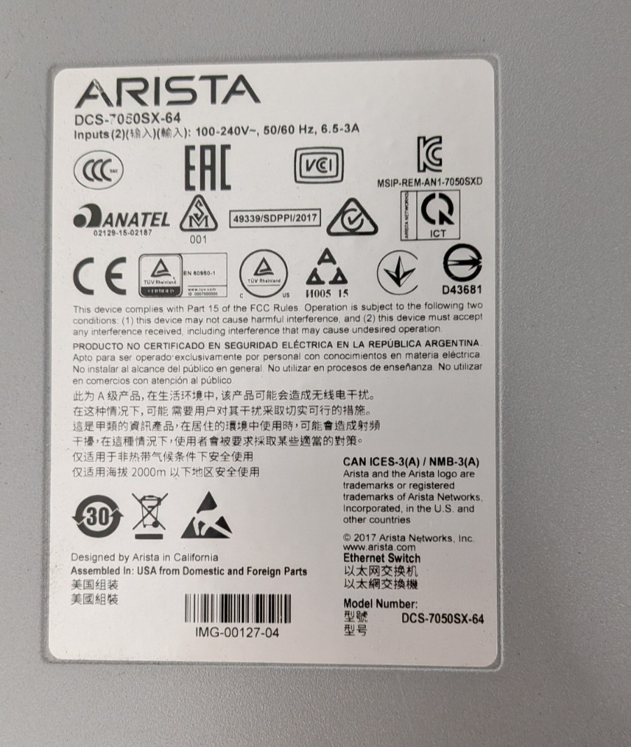Arista DCS-7050SX-64-R dual power switch