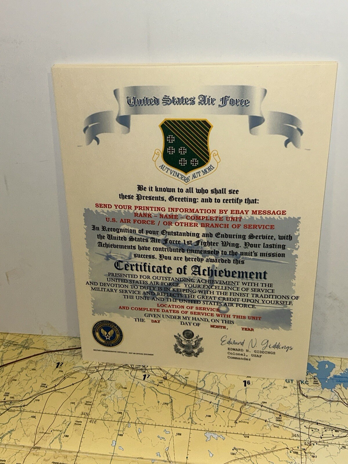 U.S.A.F. / AIR FORCE 1ST FIGHTER WING - CERTIFICATE OF ACHIEVEMENT