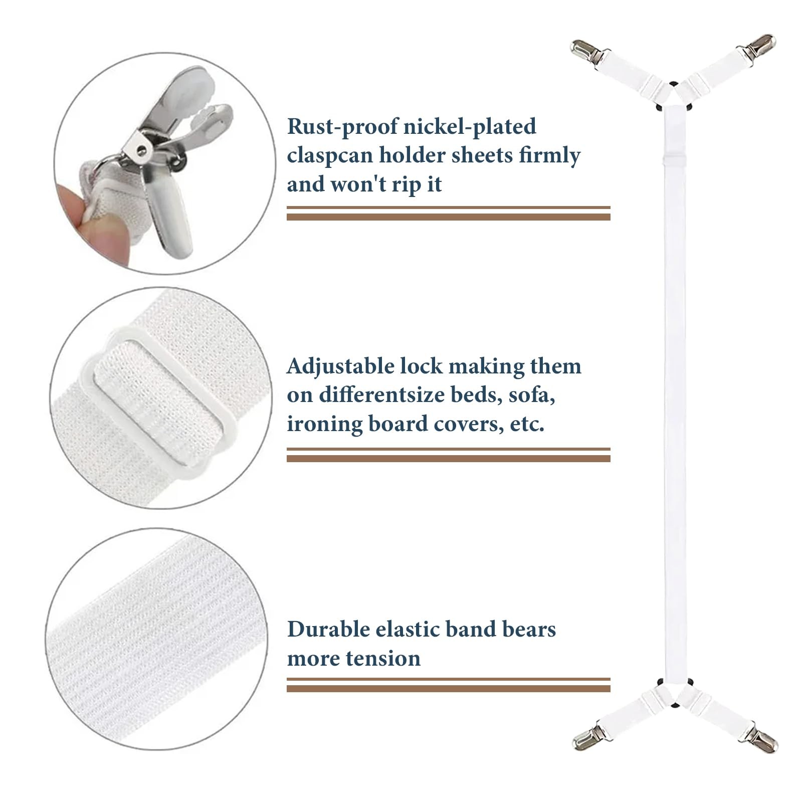 Consss Bed Sheet Straps, Adjustable Durable Bed Sheet Holder Straps with Metal C