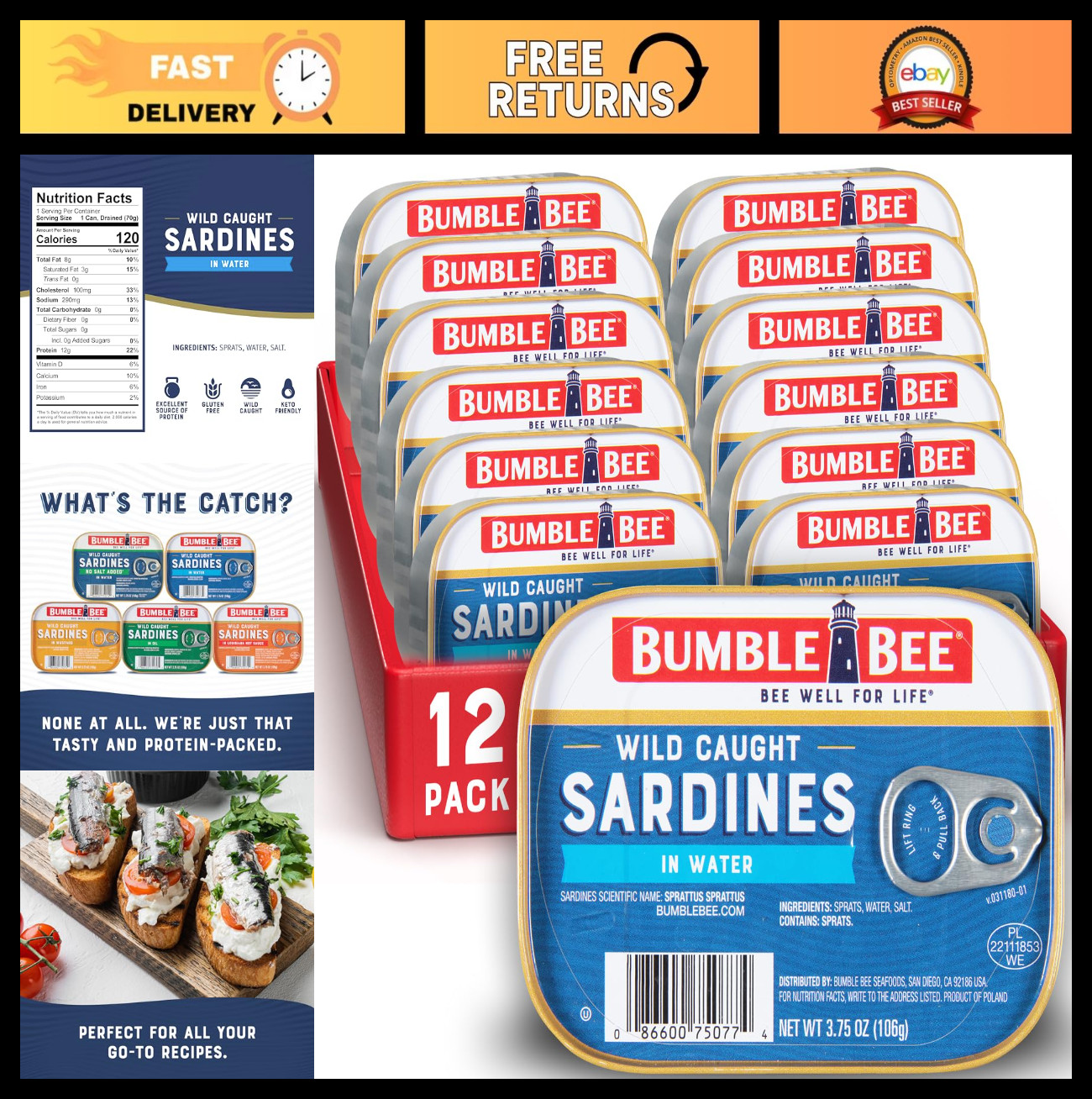 Wild Caught Sardines in Water, 3.75 oz Tin (12 Pack) - Gluten Free, Keto, Kosher