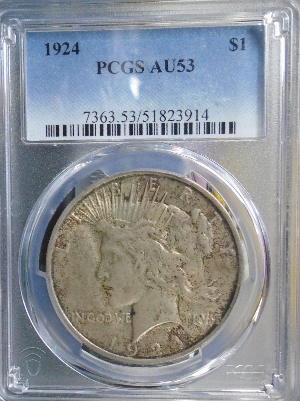 1923 PCGS AU 53 Peace Silver Dollar, United States of America Silver $1 Coin