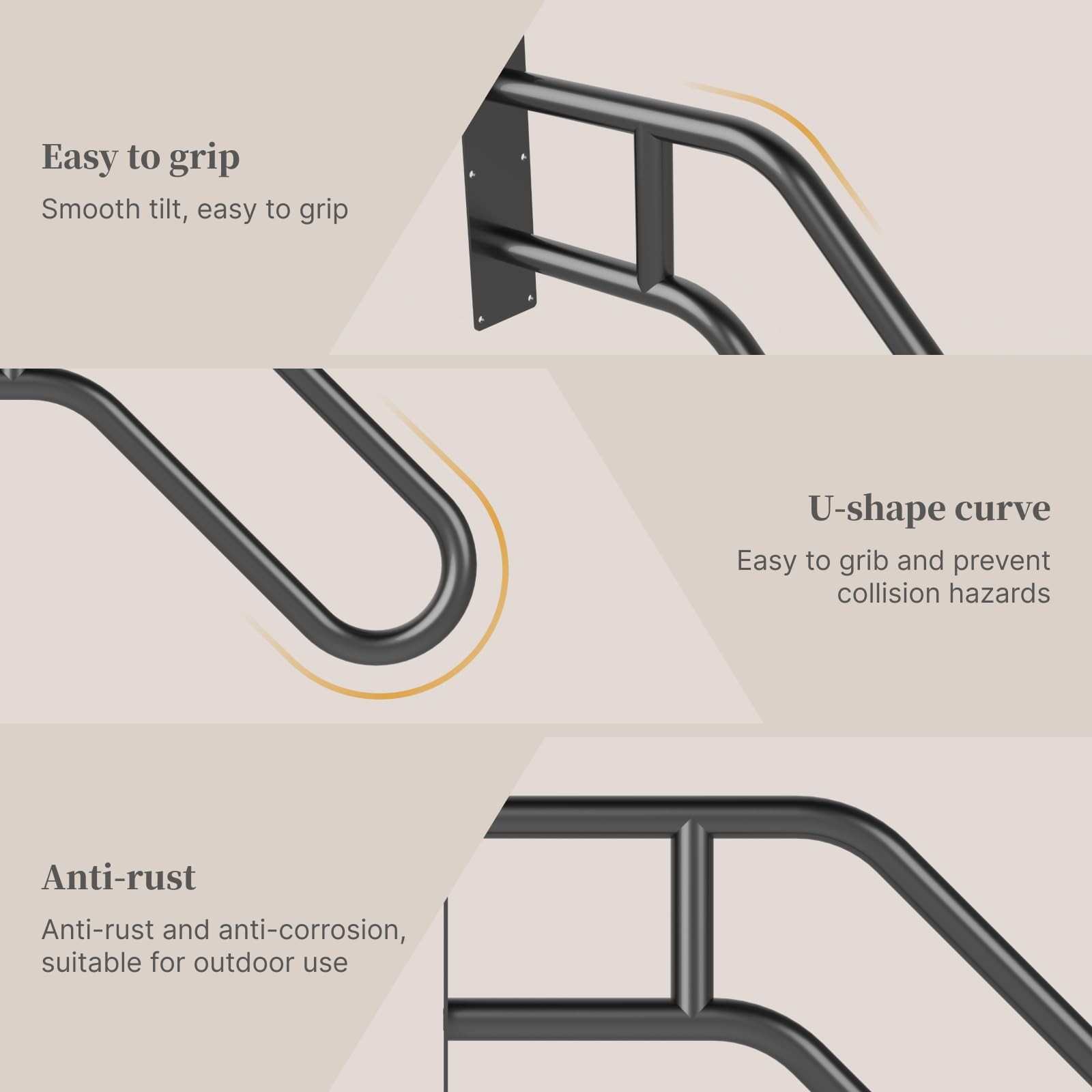 Handrails for Outdoor Steps Wall Mount, Stair Railings 1-3 Steps, Black