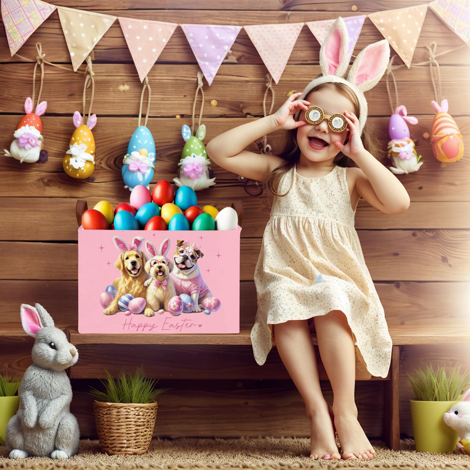 ASKETAM Kid Rectangular Empty Easter Basket for Girl Boy Bunny Eggs Easter Ba...