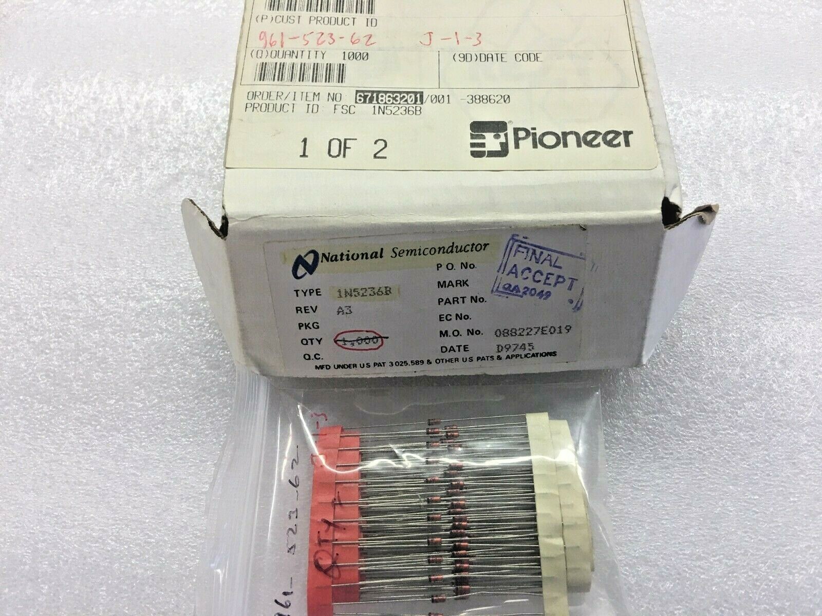 (1,900 PIECE LOT) 1N5236B, NSC, DIODE ZENER 7.5V 500MW DO35