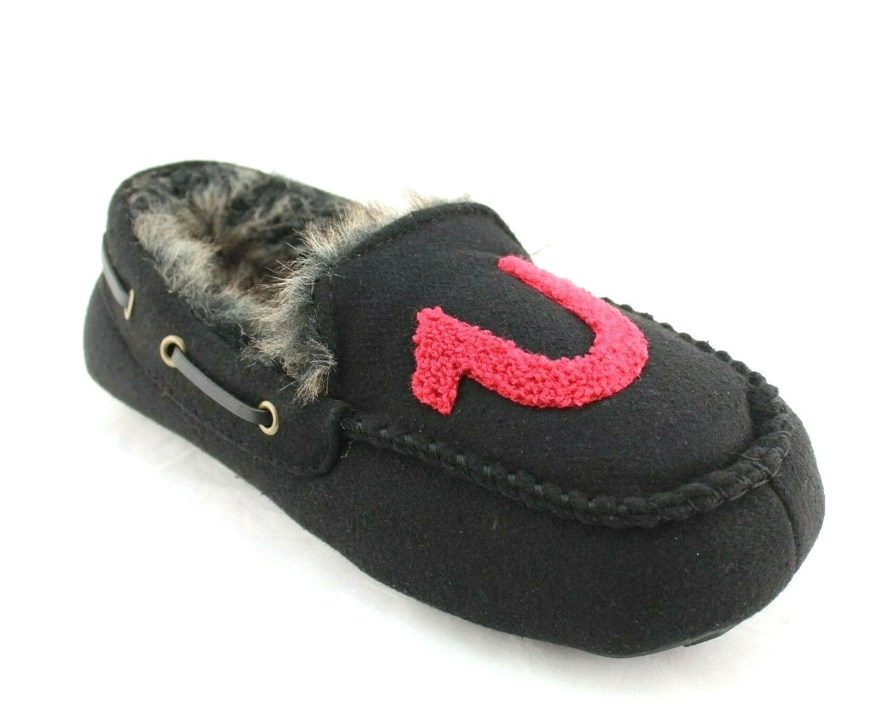 New TRUE RELIGION Size S 7-8 Black / Red Faux Fur Lined Men's Moccasins Slippers