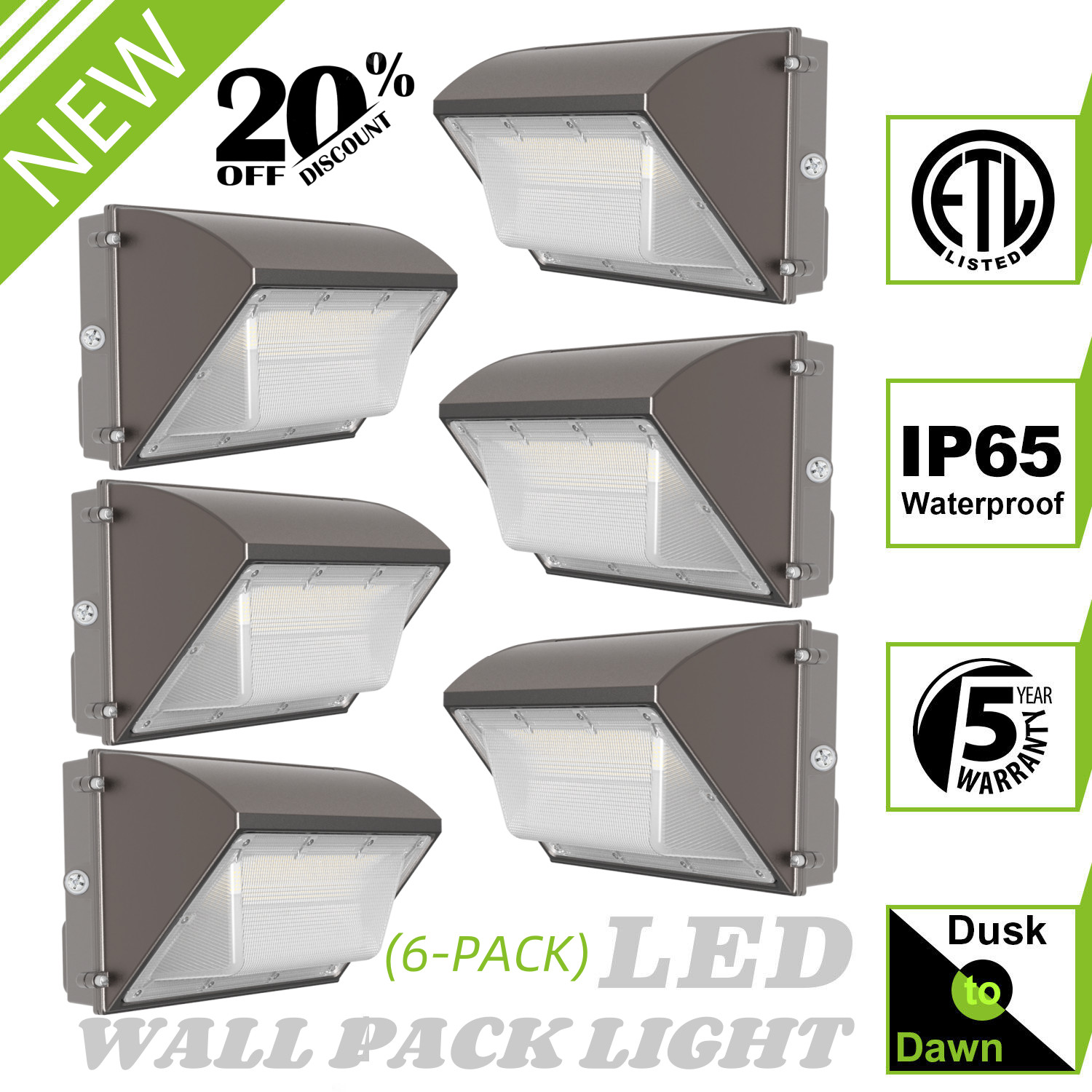 6 Pack 125W LED Wall Pack Light with Dusk-to-Dawn, Commercial Security Lighting