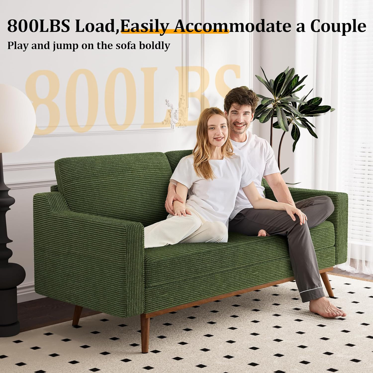 Vipbear 65.4" Loveseat Sofa Green Corduroy Couch, Mid-Century Modern Small Couch