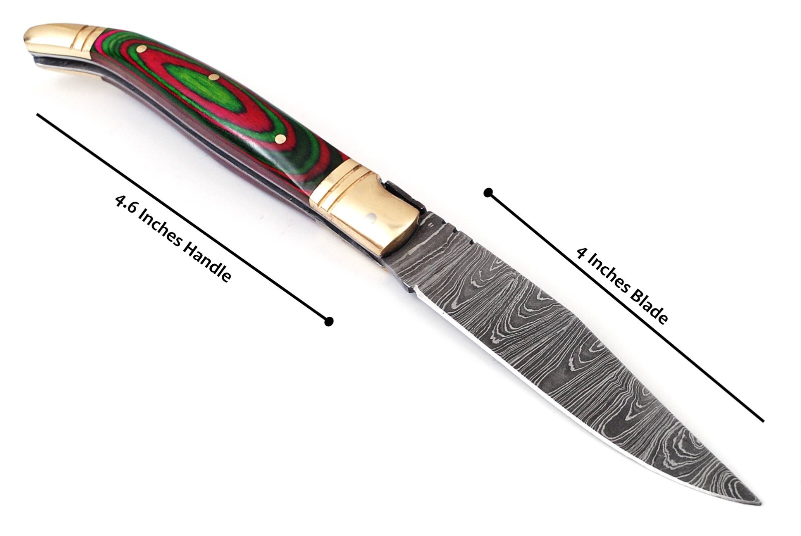 8.5" Damascus steel Green Laguiolle folding knife with brass, Leather sheath-326