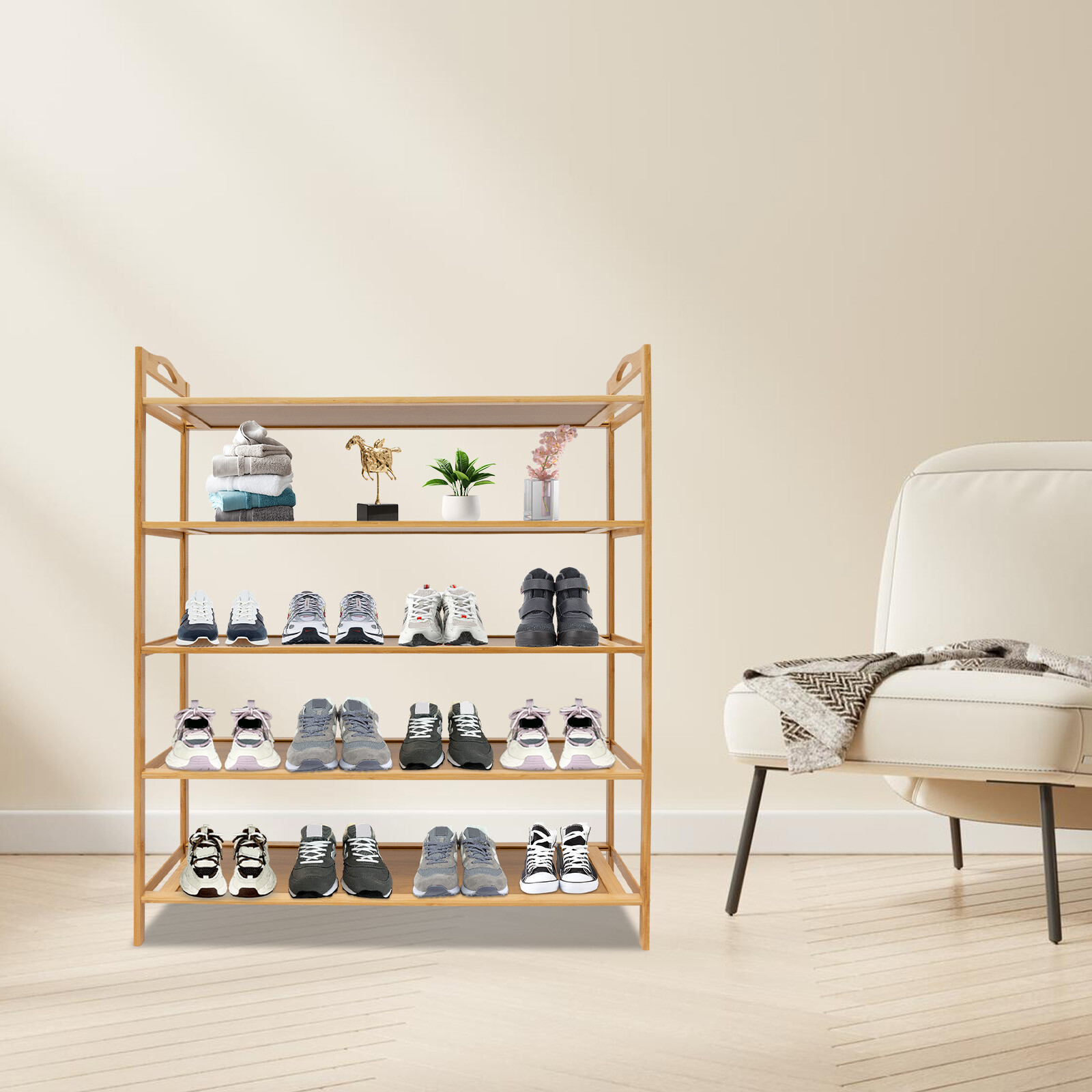 5 Tier Shoe Rack Bamboo MDF Entryway Shoe Shelf Cabinet Shoe Storage Organizer