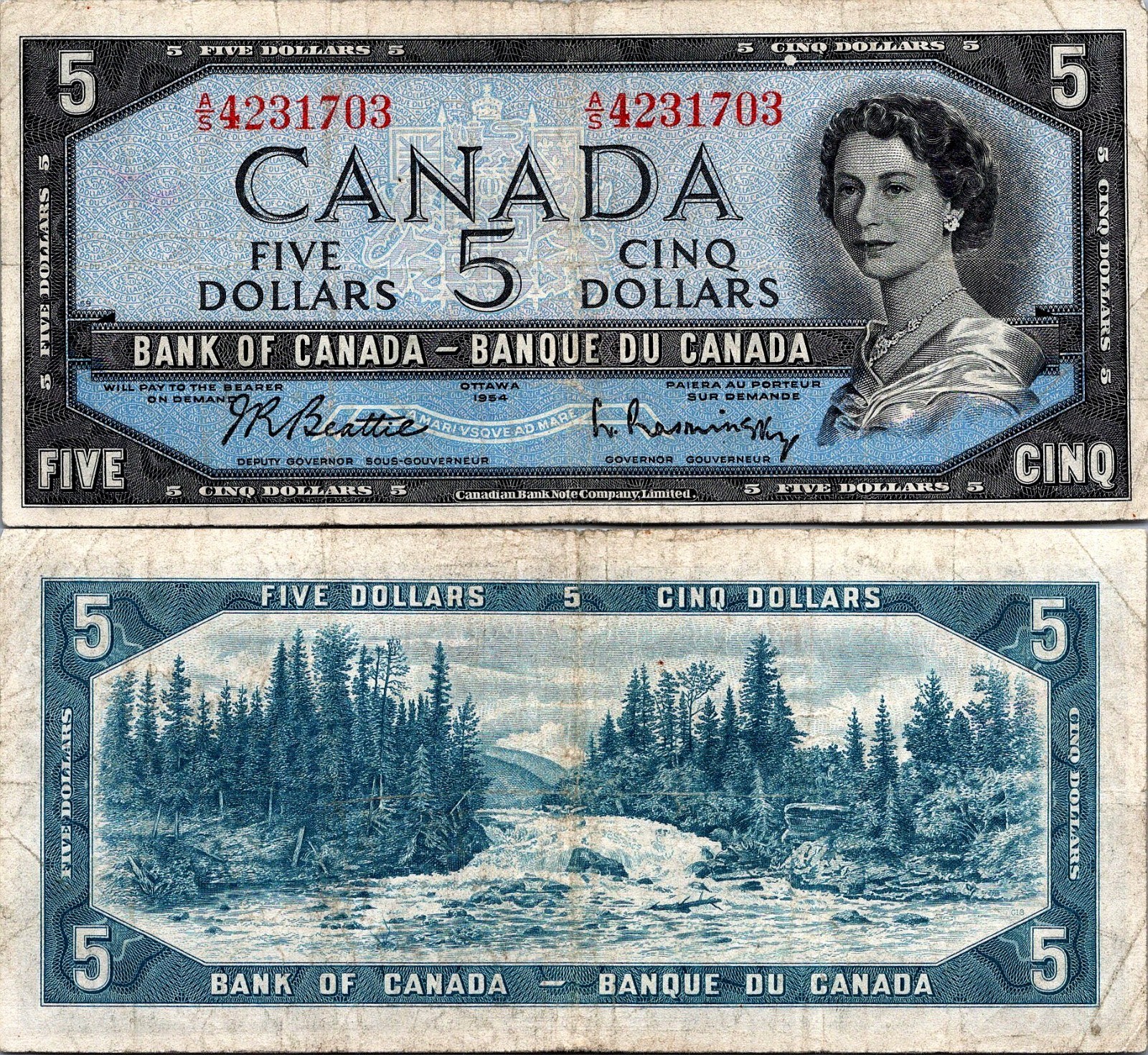 Canada 5 Dollars Bank of Canada 1954 Pick# 77b CVF-XF