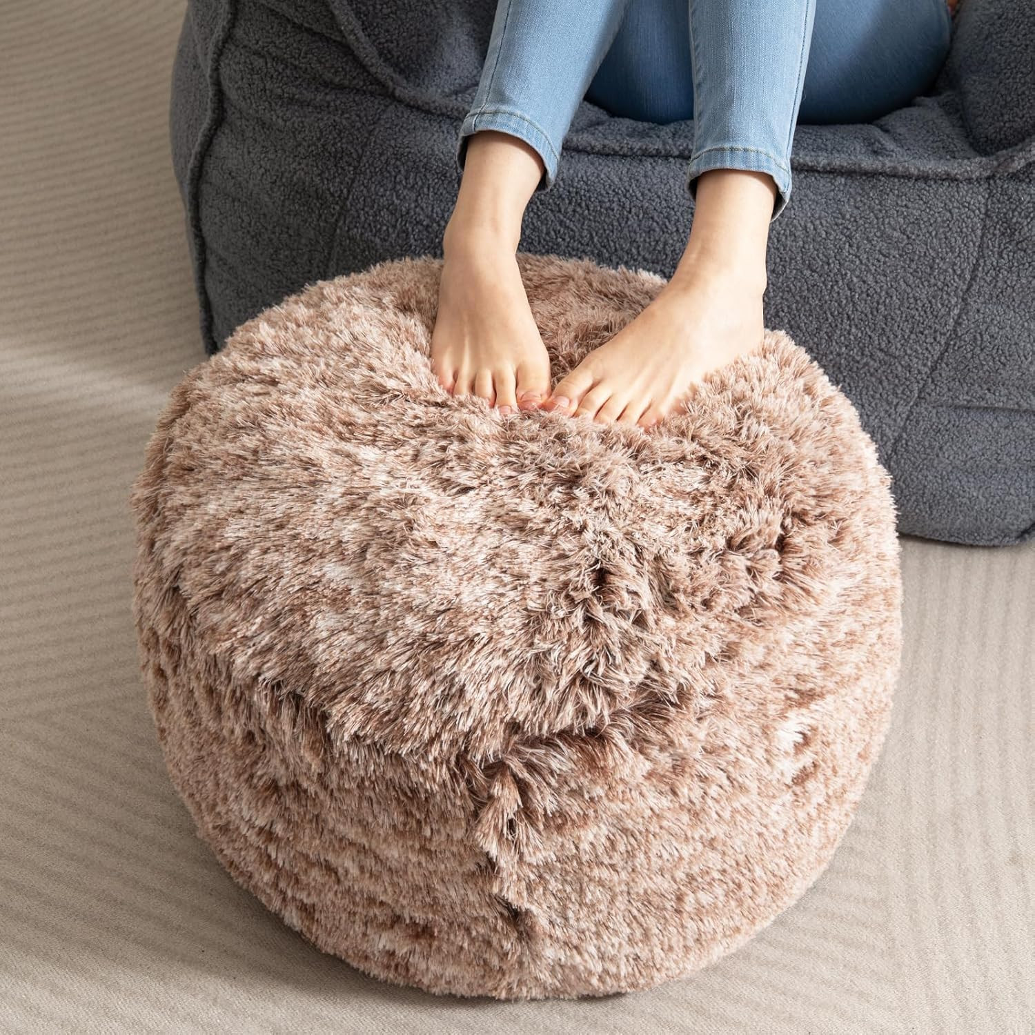 round Stuffed Pouf Ottoman, Long Faux Fur Poufs with Foam Chunk Filling, Fluffy