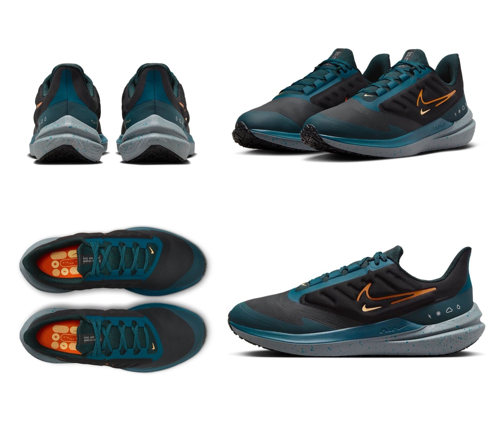Nike Men's AIR WINFLO SHIELD Black - Deep Jungle - Orange Running Shoes NIB