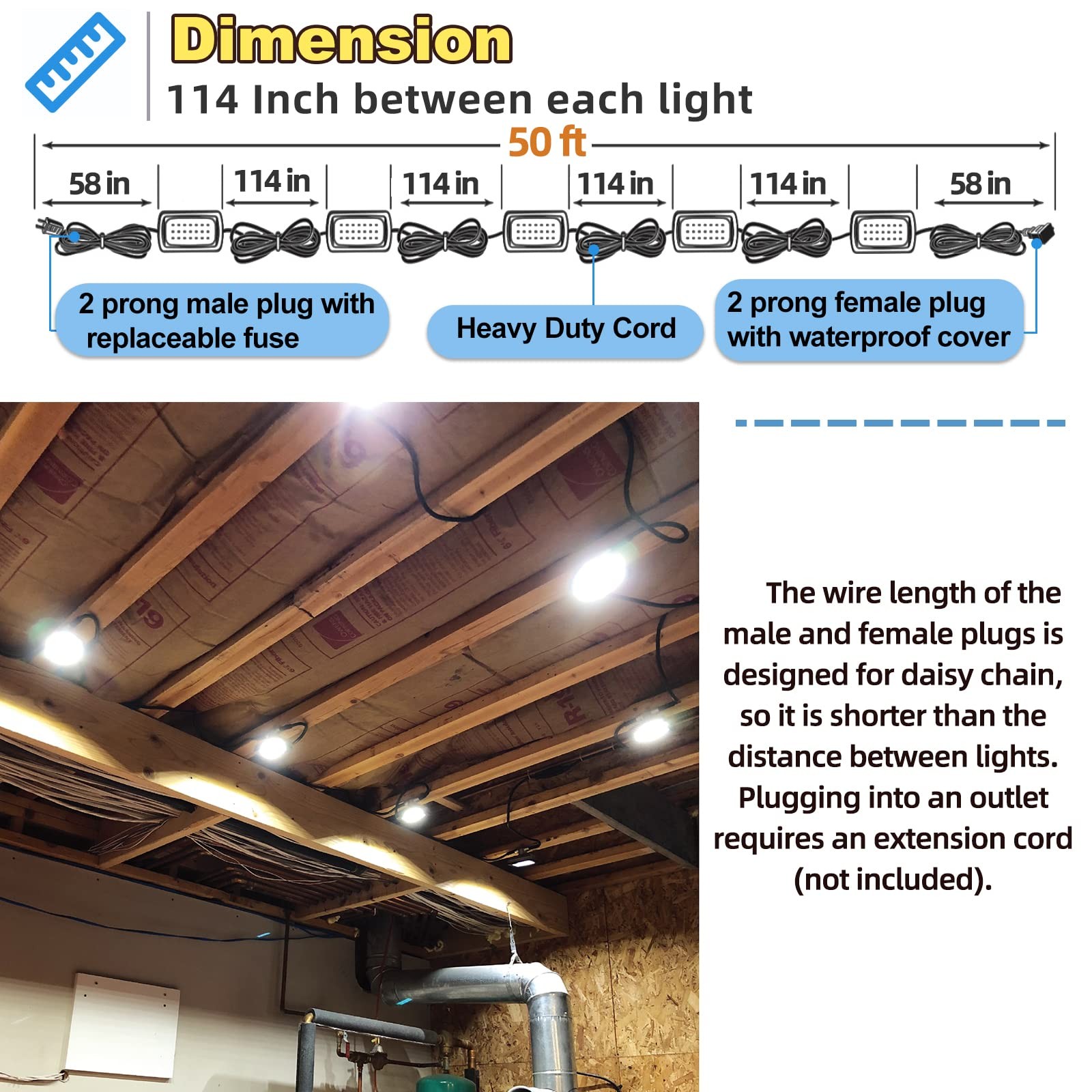 50FT Led Work Light 85W 8000LM Waterproof Construction String Lights Linkable...