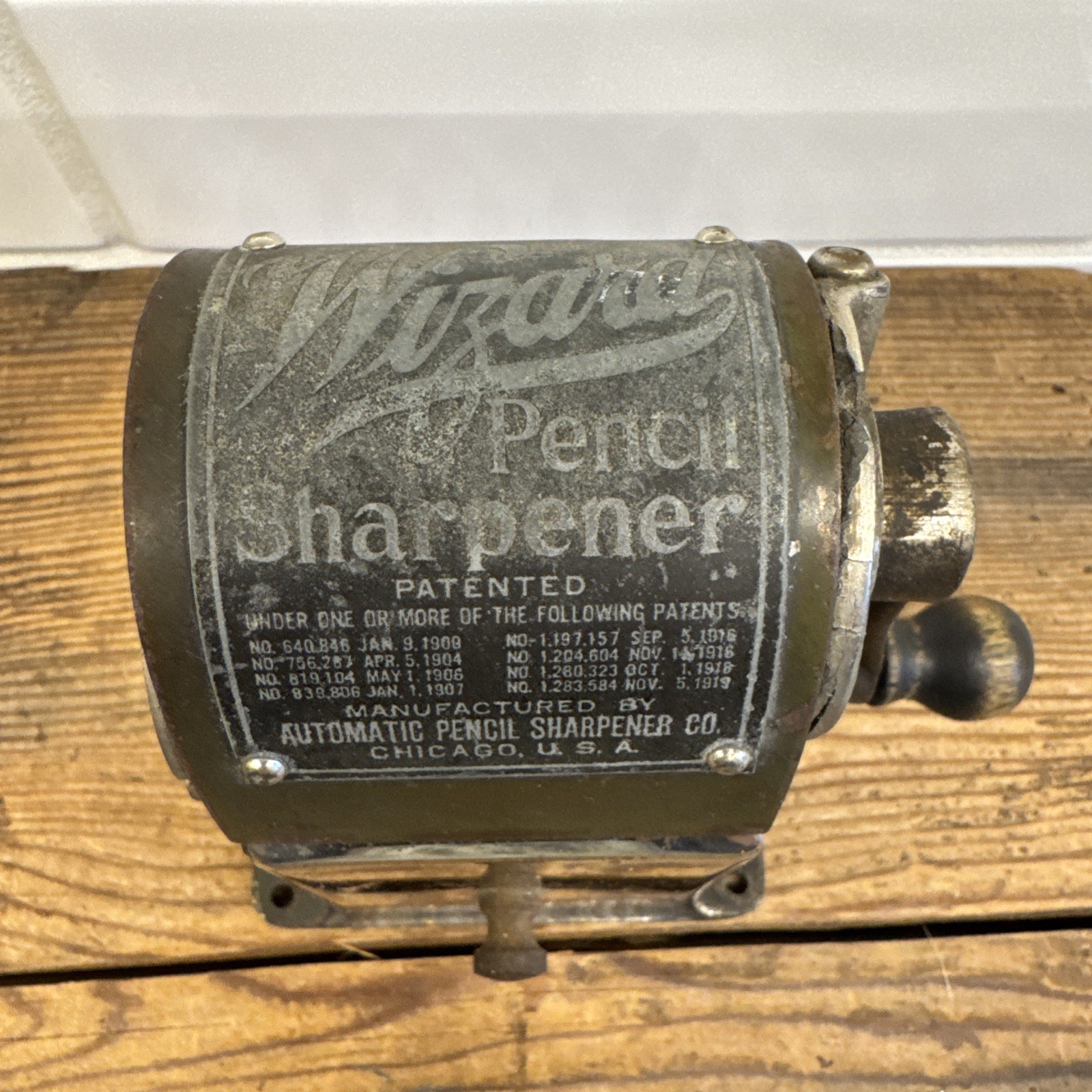 Antique 1920s "Wizard" Pencil Sharpener, Automatic Pencil Sharpening Co, Chicago