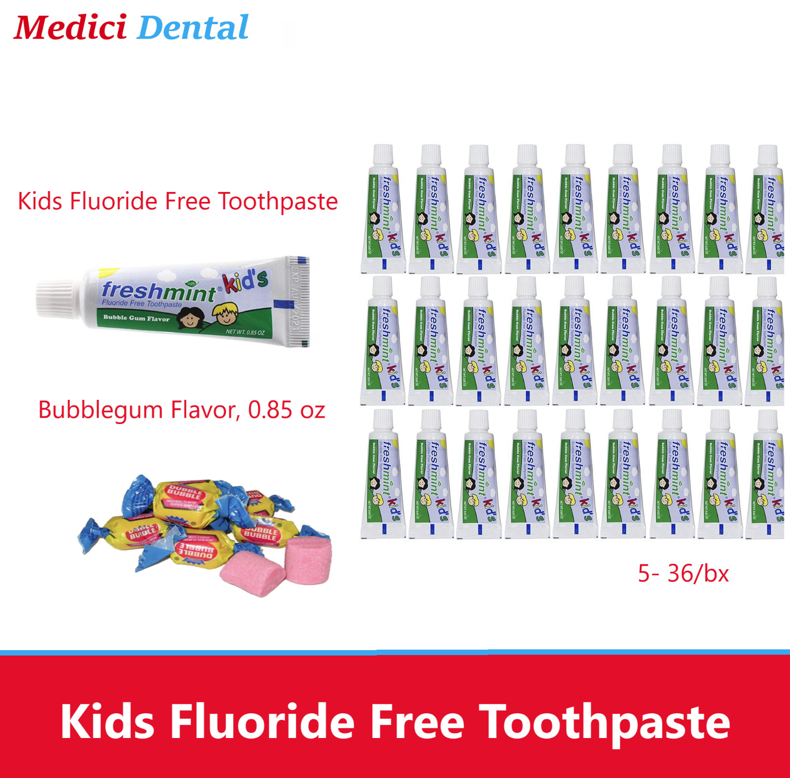 NEW WORLD IMPORTS Dental Kids Fluoride Free Toothpaste, Bubblegum, 0.85 oz, 36Bx