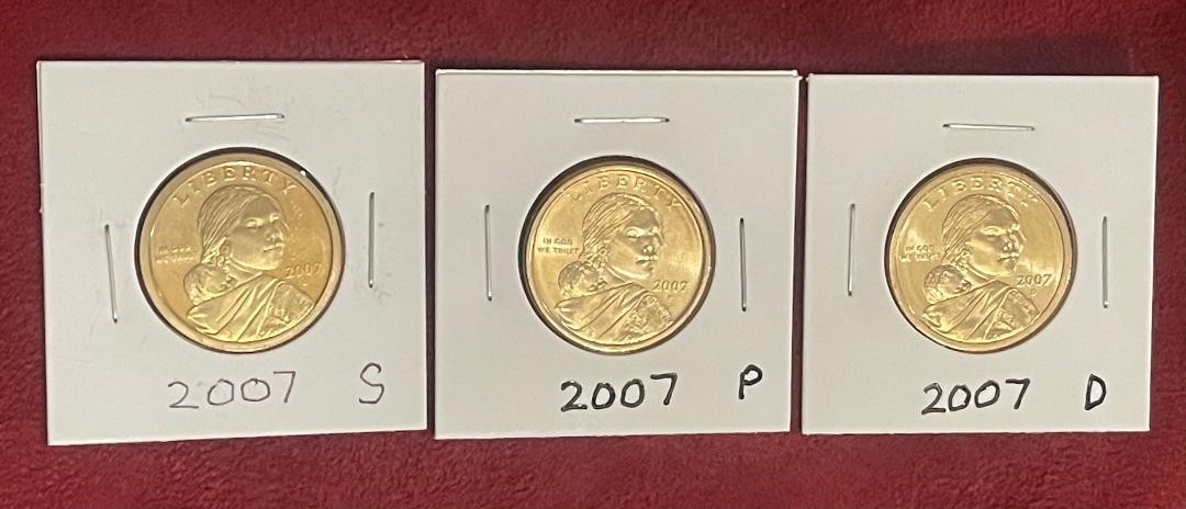 2007 $1 Dollar Sacagawea 3 Coin Set 2007 S Proof, 2007 D, 2007 P Very Nice AU-MS