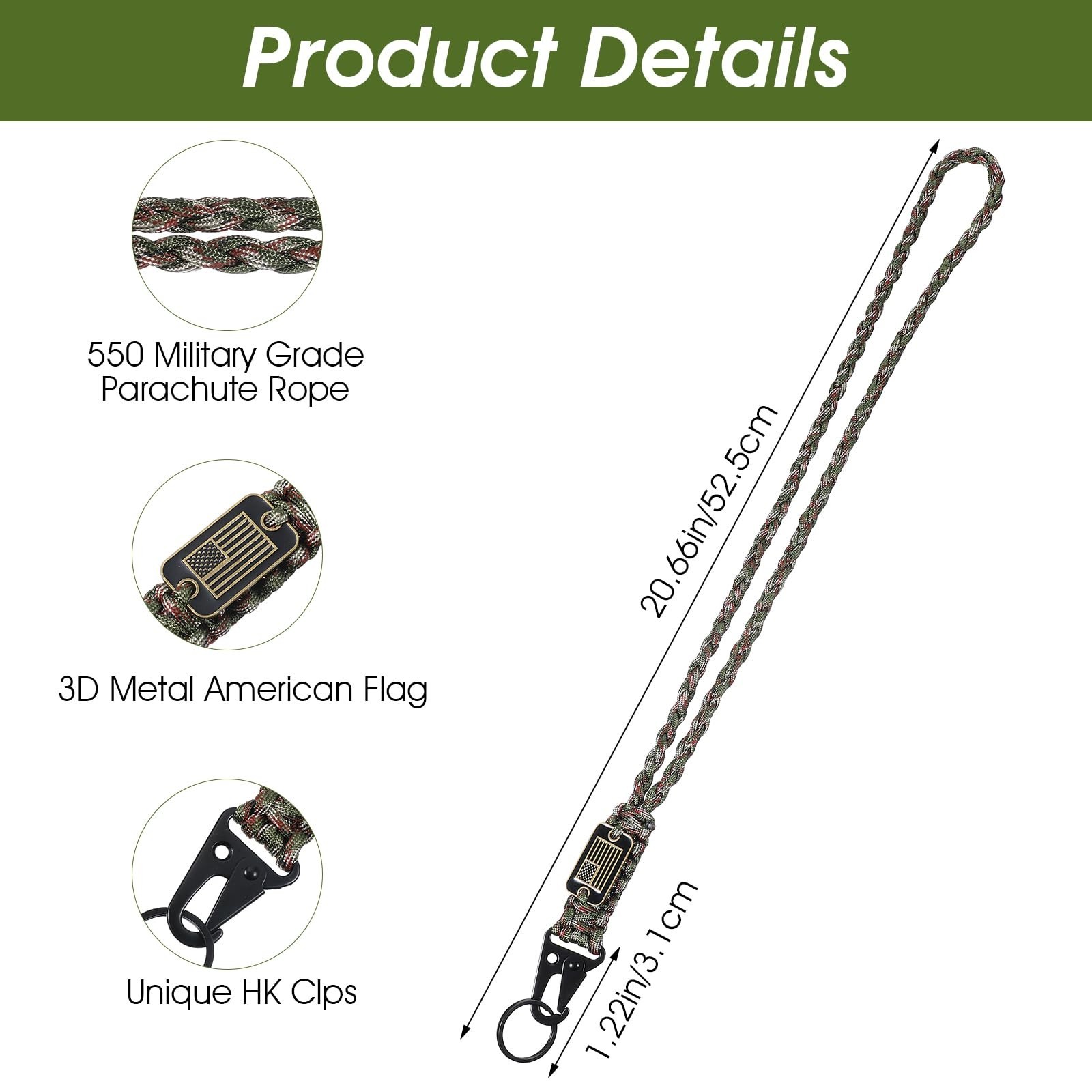 Paracord Lanyard 2PCS Heavy Duty Braided Keychain Necklace USA Flag Quick Releas