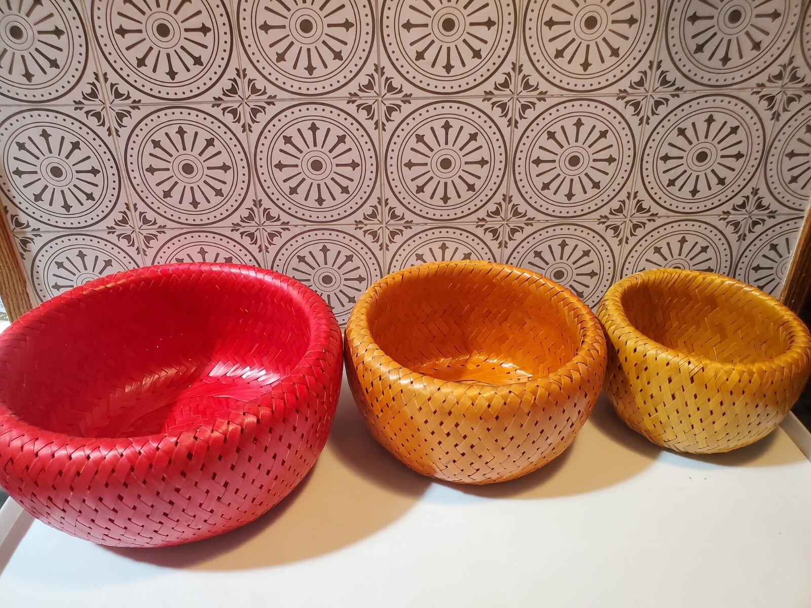 LOT (3) BAMBU Tri-Color NESTING BOWLS Baskets RED Orange YELLOW Hand Woven SET