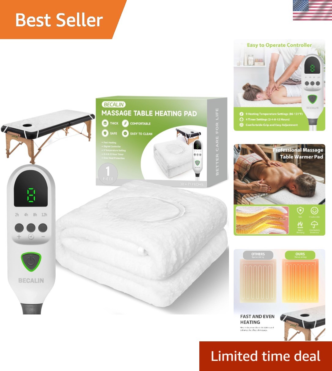 Massage Bed Heating Pad - Rapid Heat, Safety Features, & Face Access
