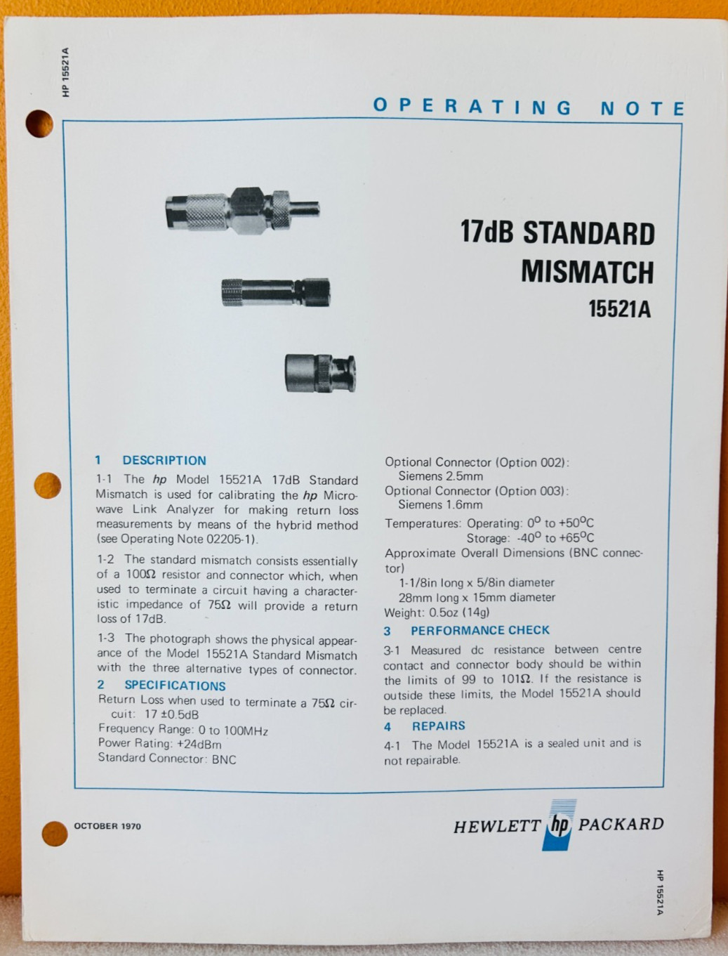 HP 15521-95000 Model 15521A 17 dB Standard Mismatch Operating Note Manual.