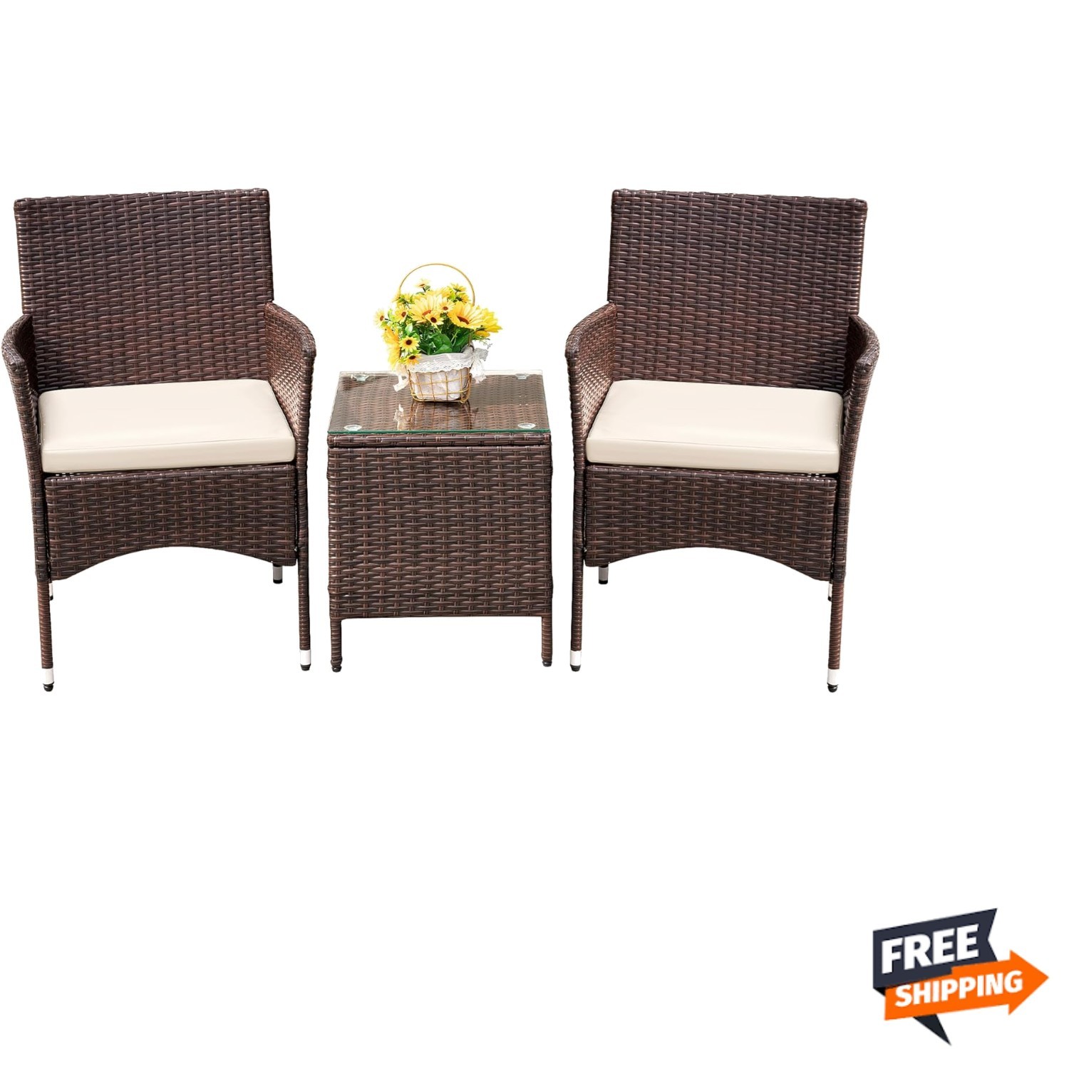 Patio Porch Furniture Sets 3 Pieces PE Rattan Wicker Chairs with Table Outdoo...