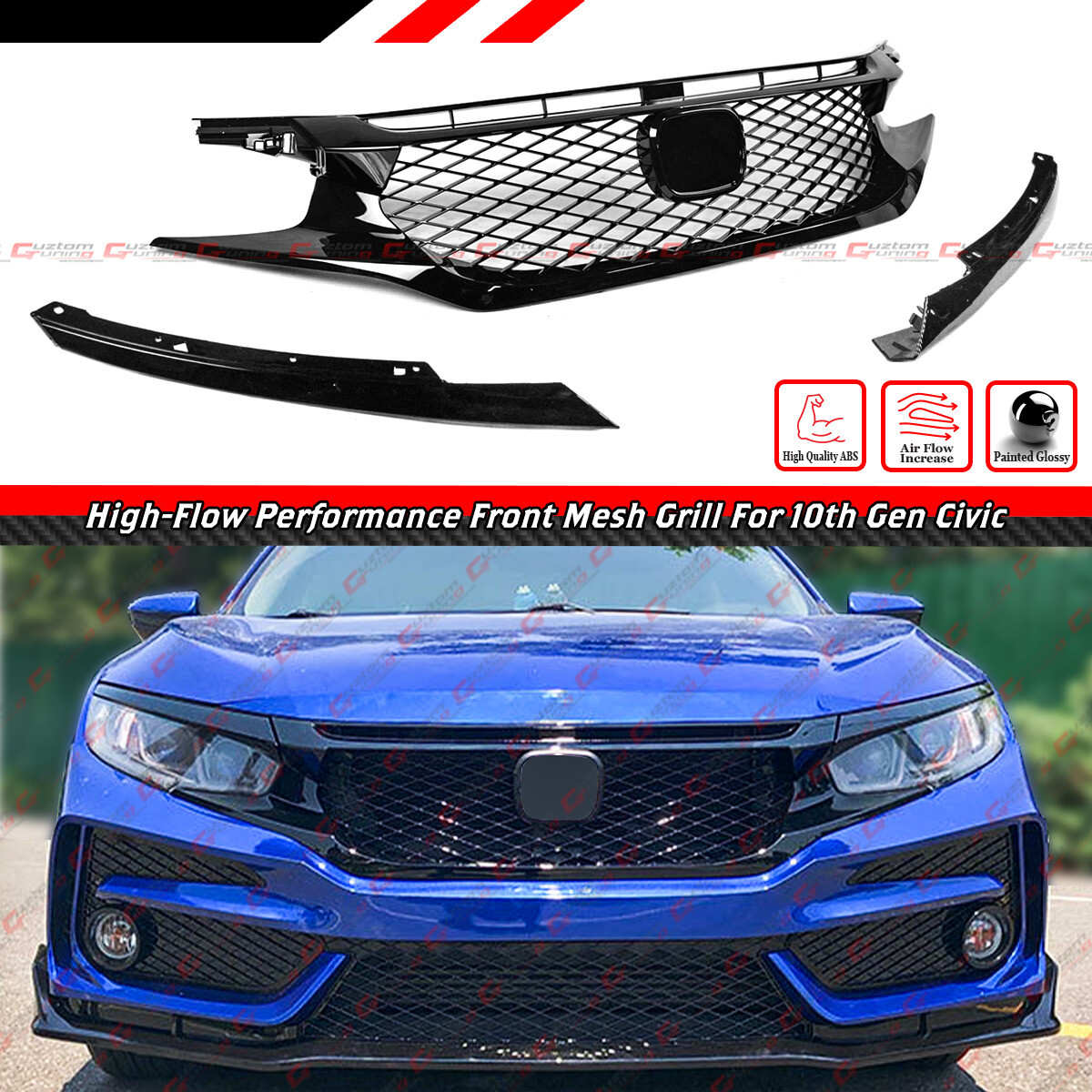 FOR 16-18 HONDA CIVIC SEDAN / 17-21 Si HATCHBACK GLOSS BLK HIGH FLOW FRONT GRILL