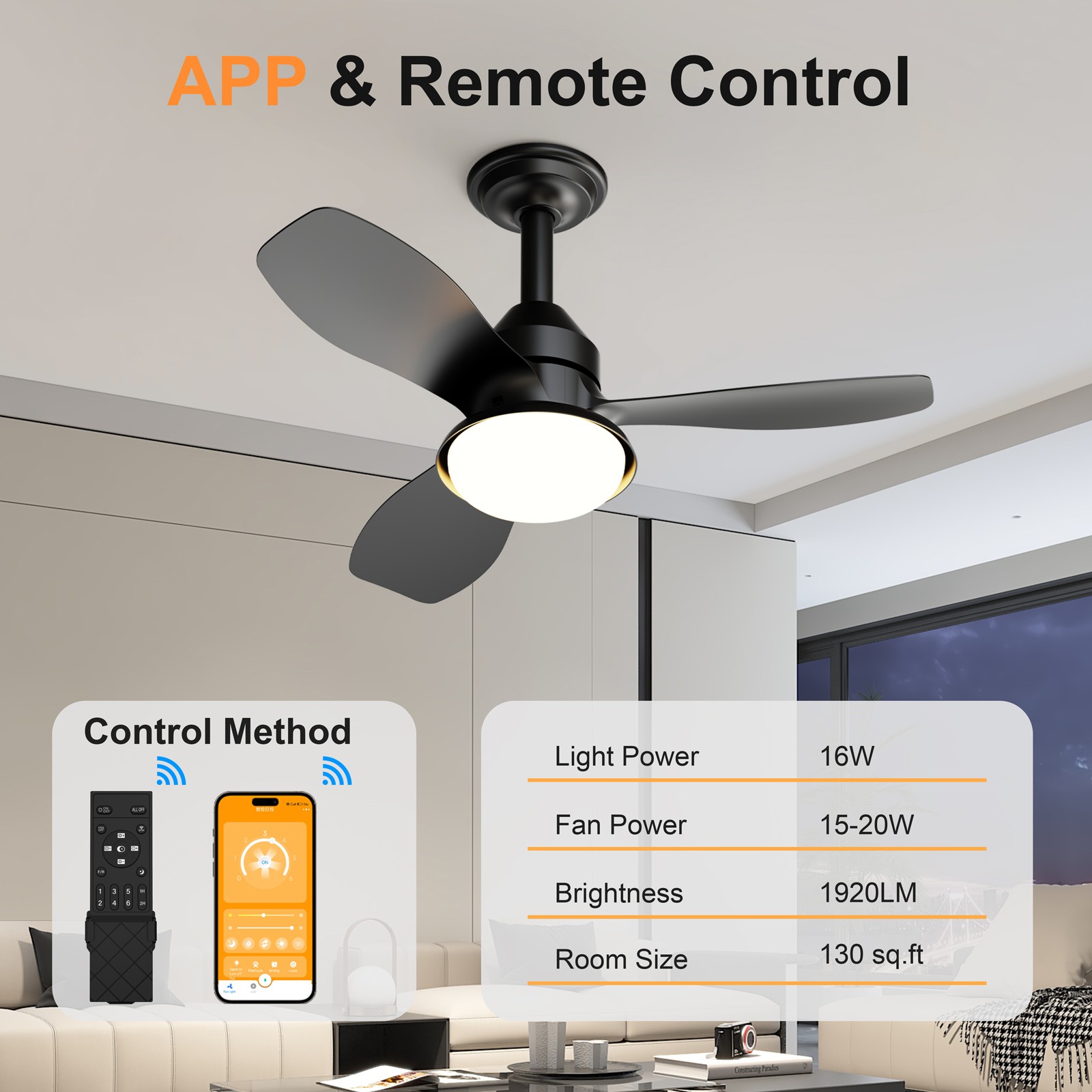 24.4" Black Ceiling Fan with Light, 3 Blades, 6-Speed, Dimmable LED