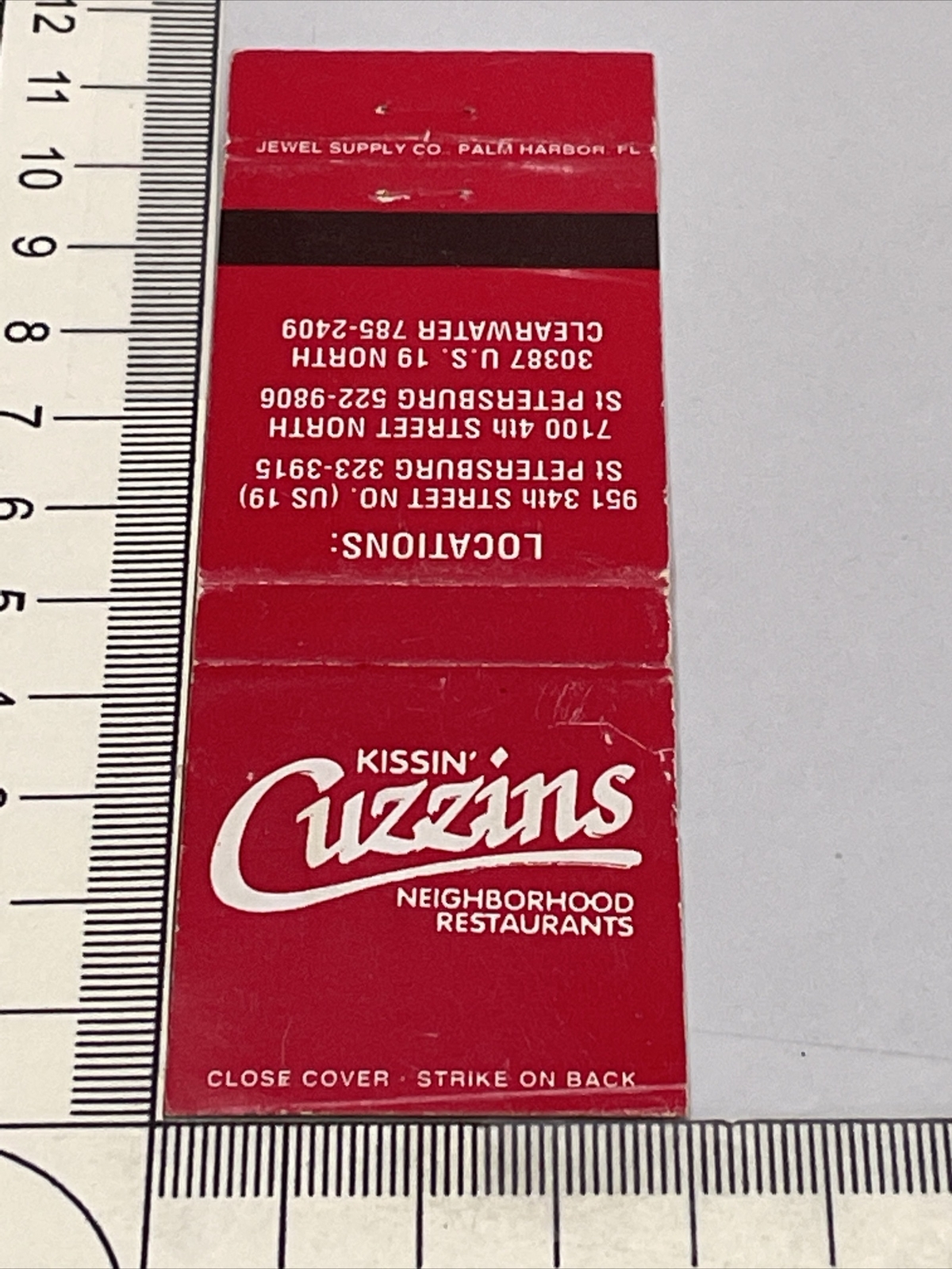 Vintage Matchbook Cove  Kissin’ Cuzzins Restaurants  ST Pete & Clearwater gmg