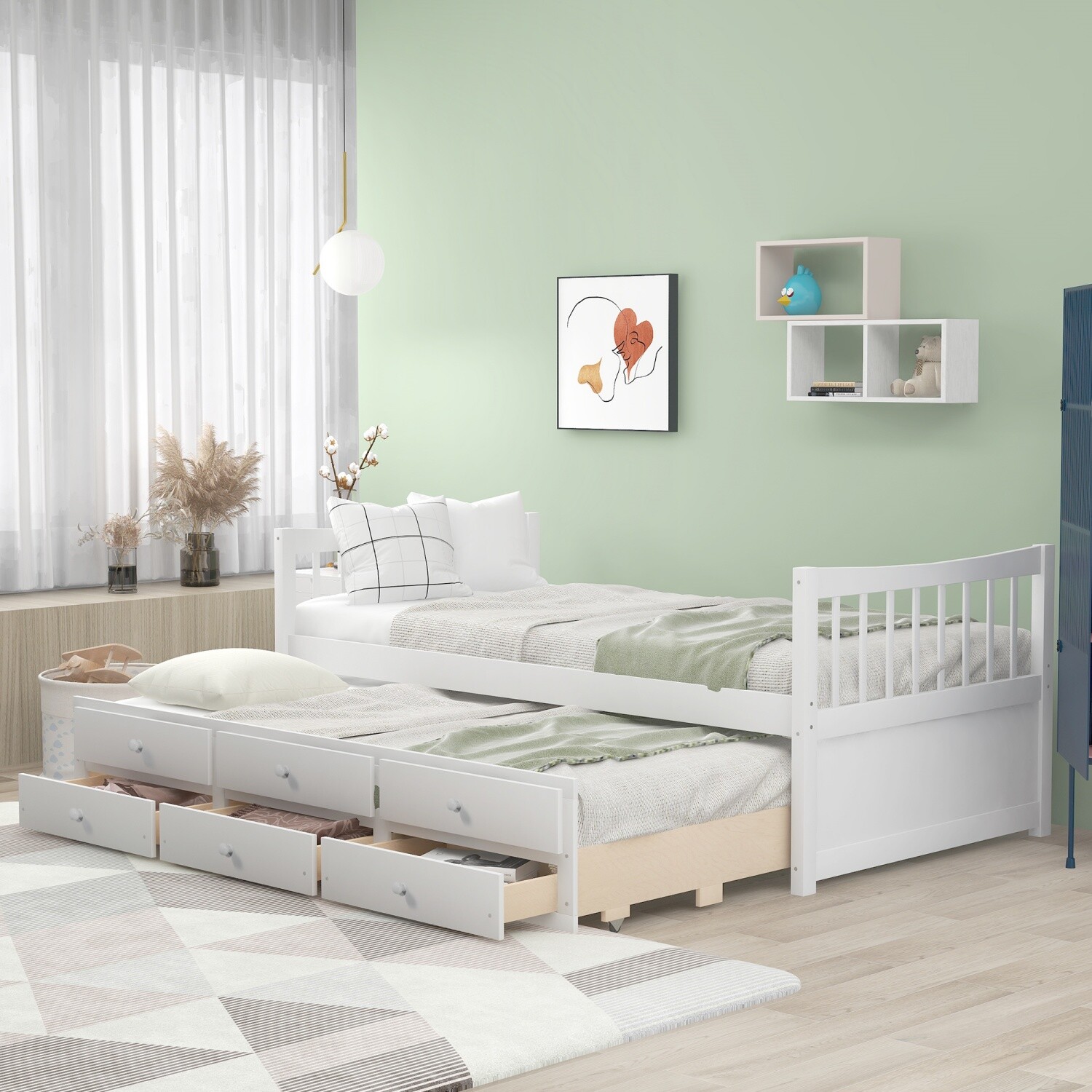 Twin/Full Size Bed Frame Wooden Platform Bed w/ Trundle Bed & 3 Drawers White