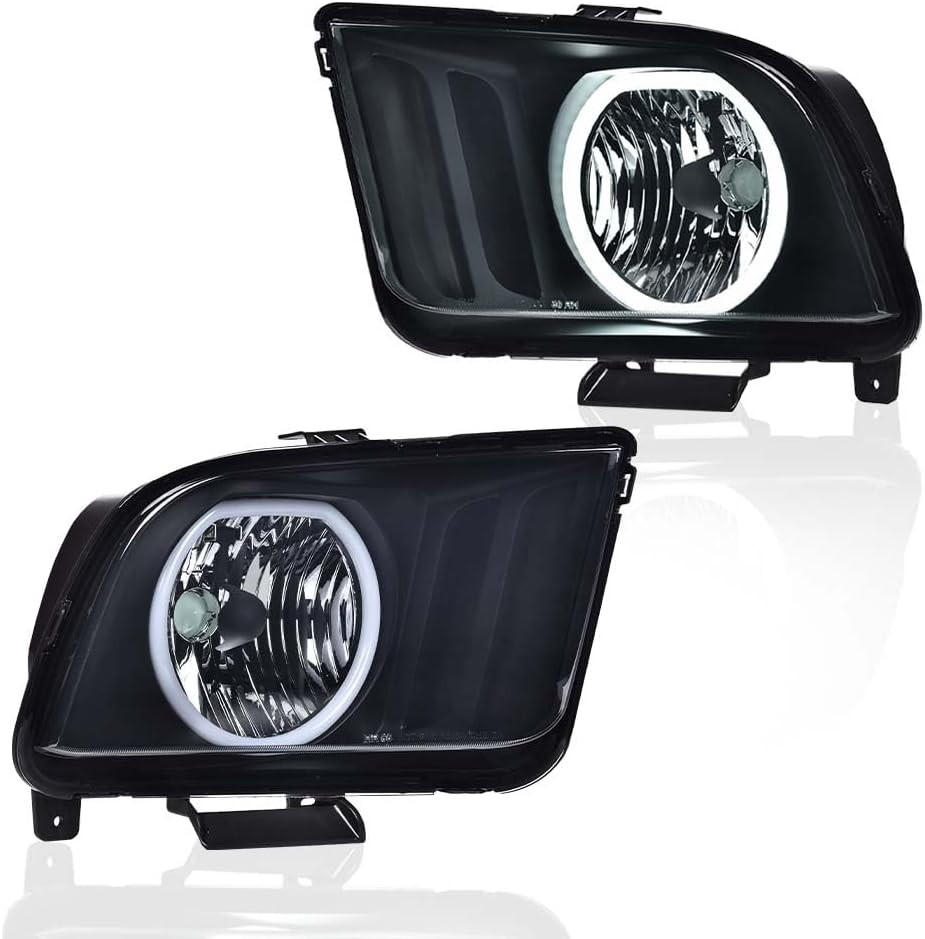 LED DRL Headlights 05-09 Ford Mustang S197 Smoky Black Amber Lens Headlamp Pair