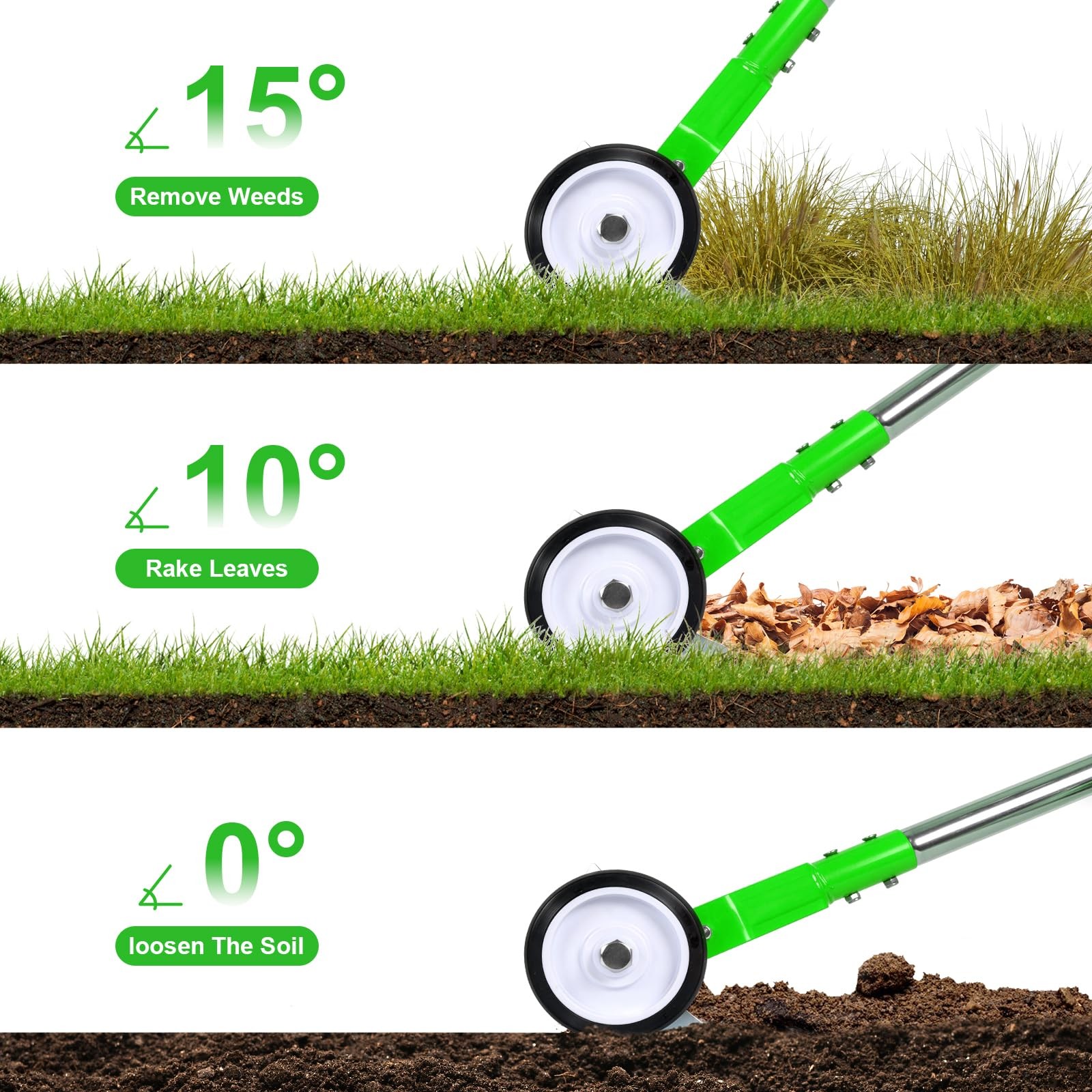 Thatch Rake, Adjustable Garden Rake Head and 38"65" Handle with Wheels, 21 & 11