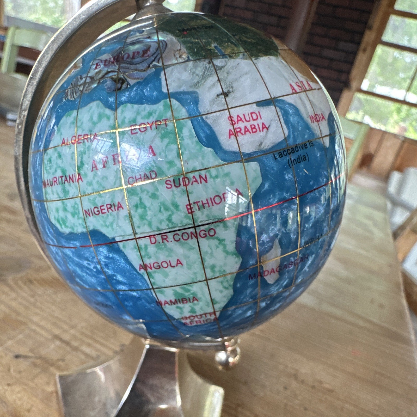 Tabletop Rotating World Globe, Blue, Decorative Metallic Metal Base Stand