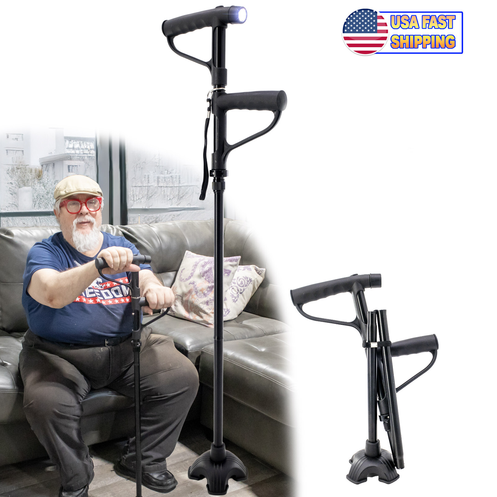 Walking Cane w LED Light  2nd Rotating Support Handle Folding Self Standing Base