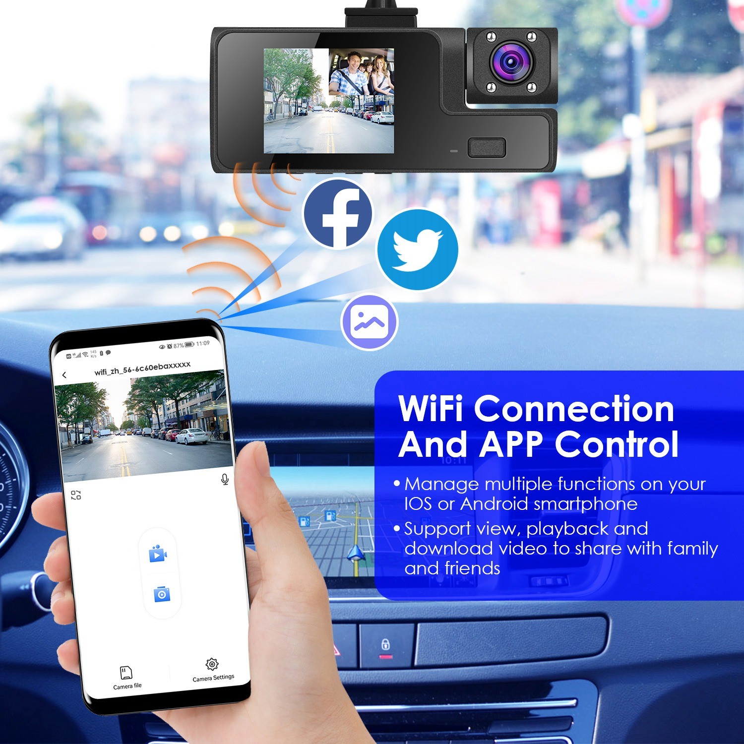1080P HD Dash Cam WiFi Front Rear Inside Dash Camera Loop Recording Camera