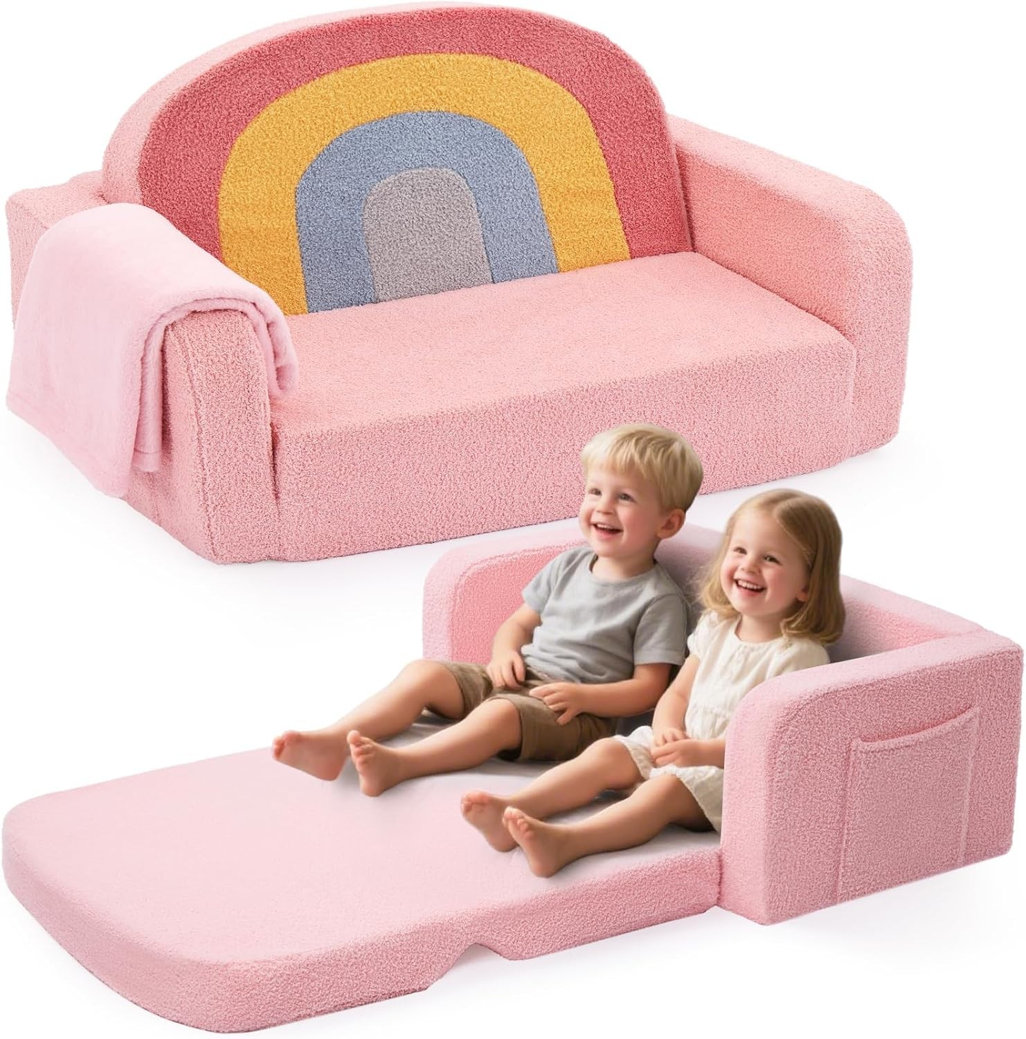 Extra Wide Kids Couch 2-in-1 Soft Toddler Couch W/ Blanket Comfy Toddler Chair