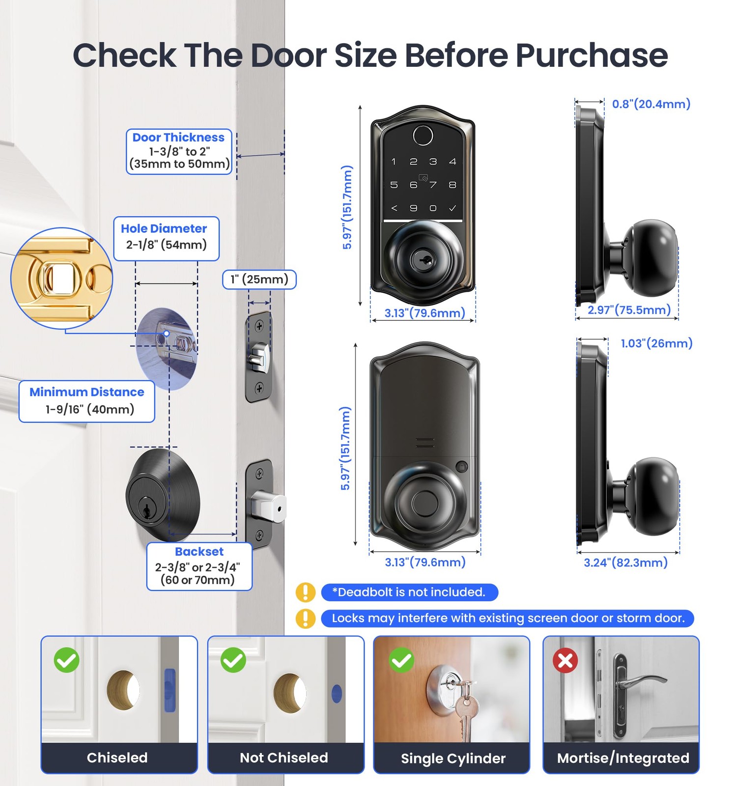 VE018 Smart Knob Handle Lock - Fingerprint, App Control, Keyless Entry for Fr...