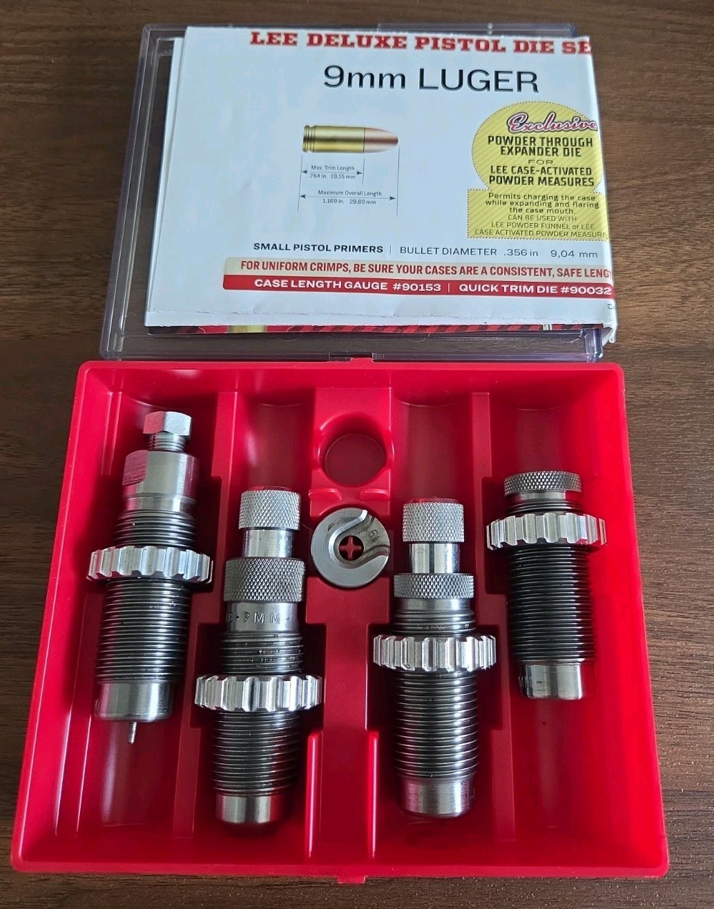 LEE DELUXE CARBIDE PISTOL DIES 4-PC FOR 9-MM LUGER IN NICE USED CONDITION