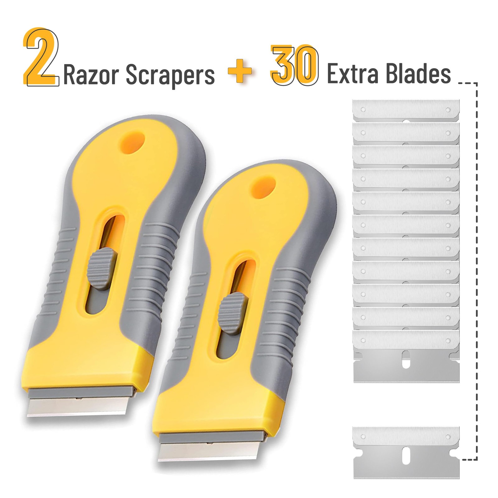 Bates- Razor Blade Scraper Tool, 2 Pack, 30 Extra Carbon Yellow and Gray