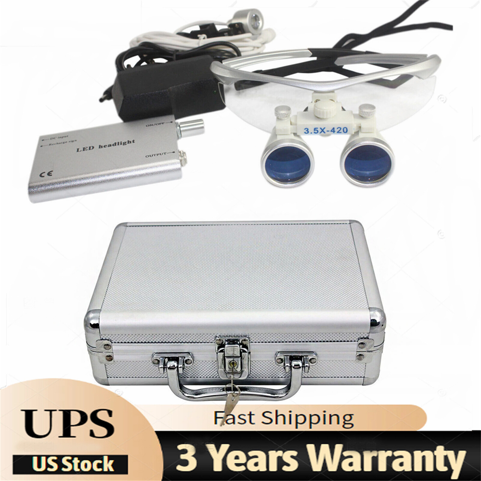 Dental Medical Surgical Binocular Loupe Magnifier Glasses + LED Head Light