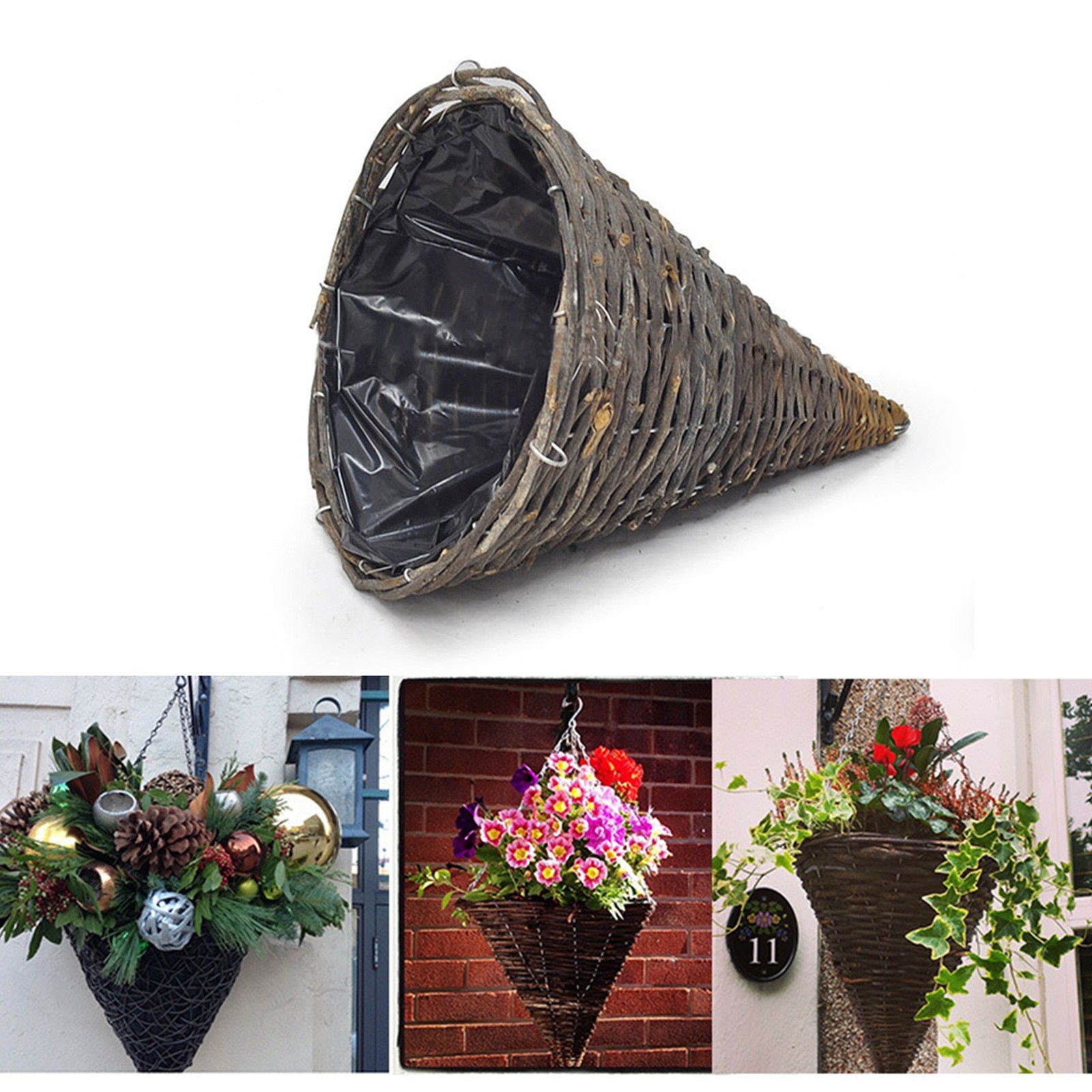 XL Size 35cm Mountain Vine Hanging Basket White Chain 46cm Cone Wicker Pot